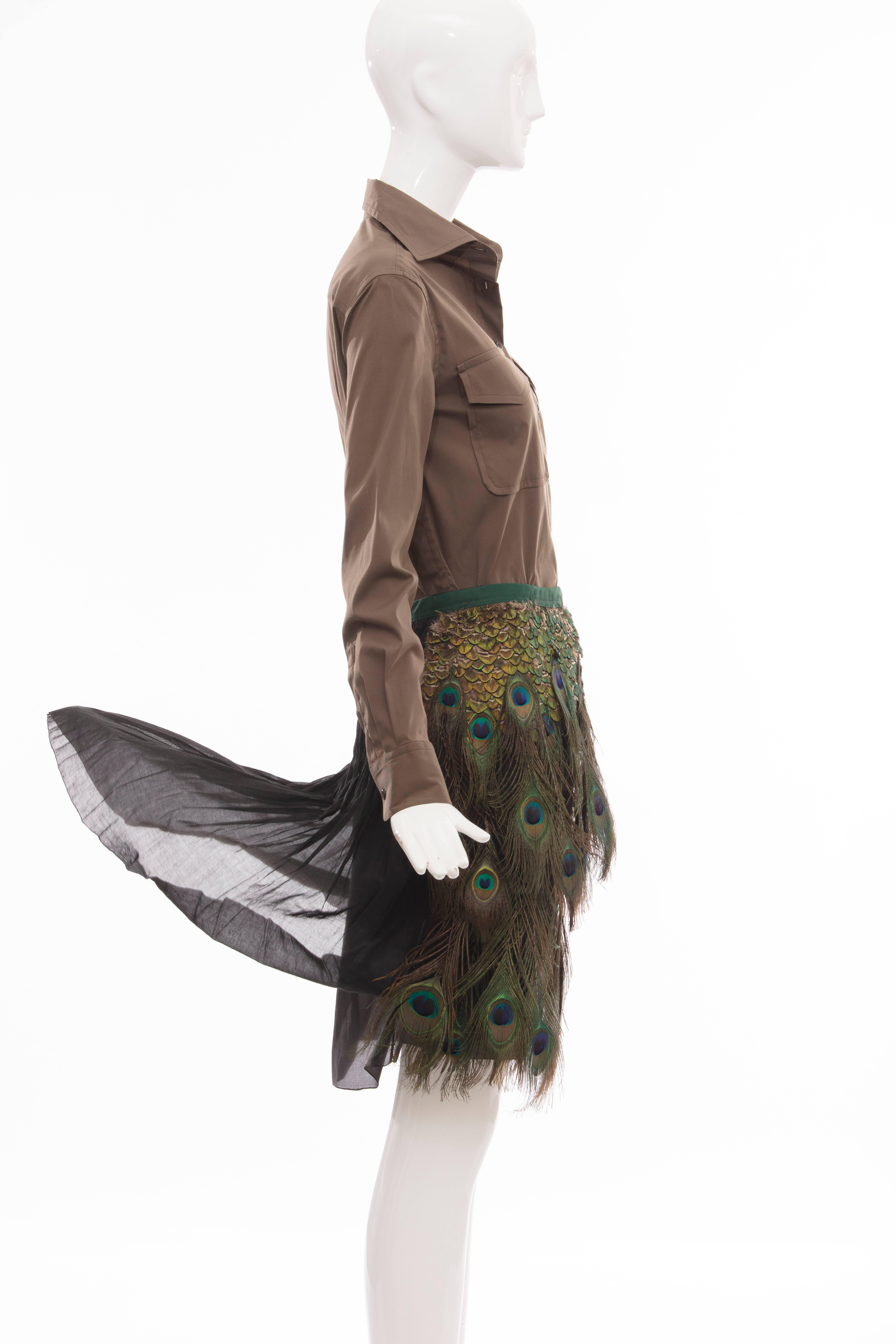 Prada Runway Cotton Button Front Top & Peacock Feather A-Line Skirt, Spring 2005 For Sale 1