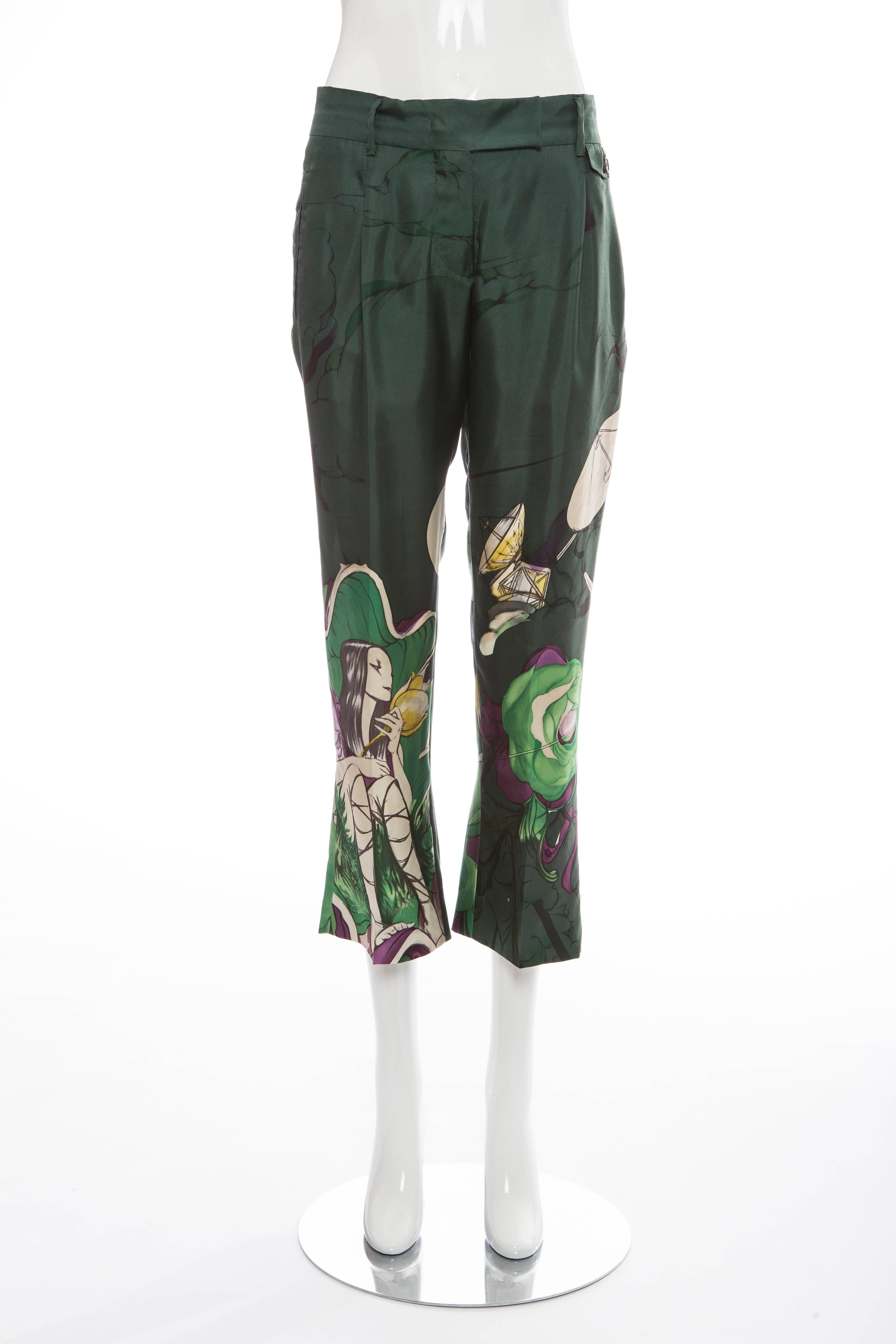 Prada, Spring/Summer 2008 silk cropped pants with four welt pockets featuring dual gusset pockets, James Jean fairy print throughout, hidden zip and hook-and-eye closures at front.

IT. 40
US. 4

Waist 33”, Hip 43”, Rise 10”, Inseam 27”, Leg