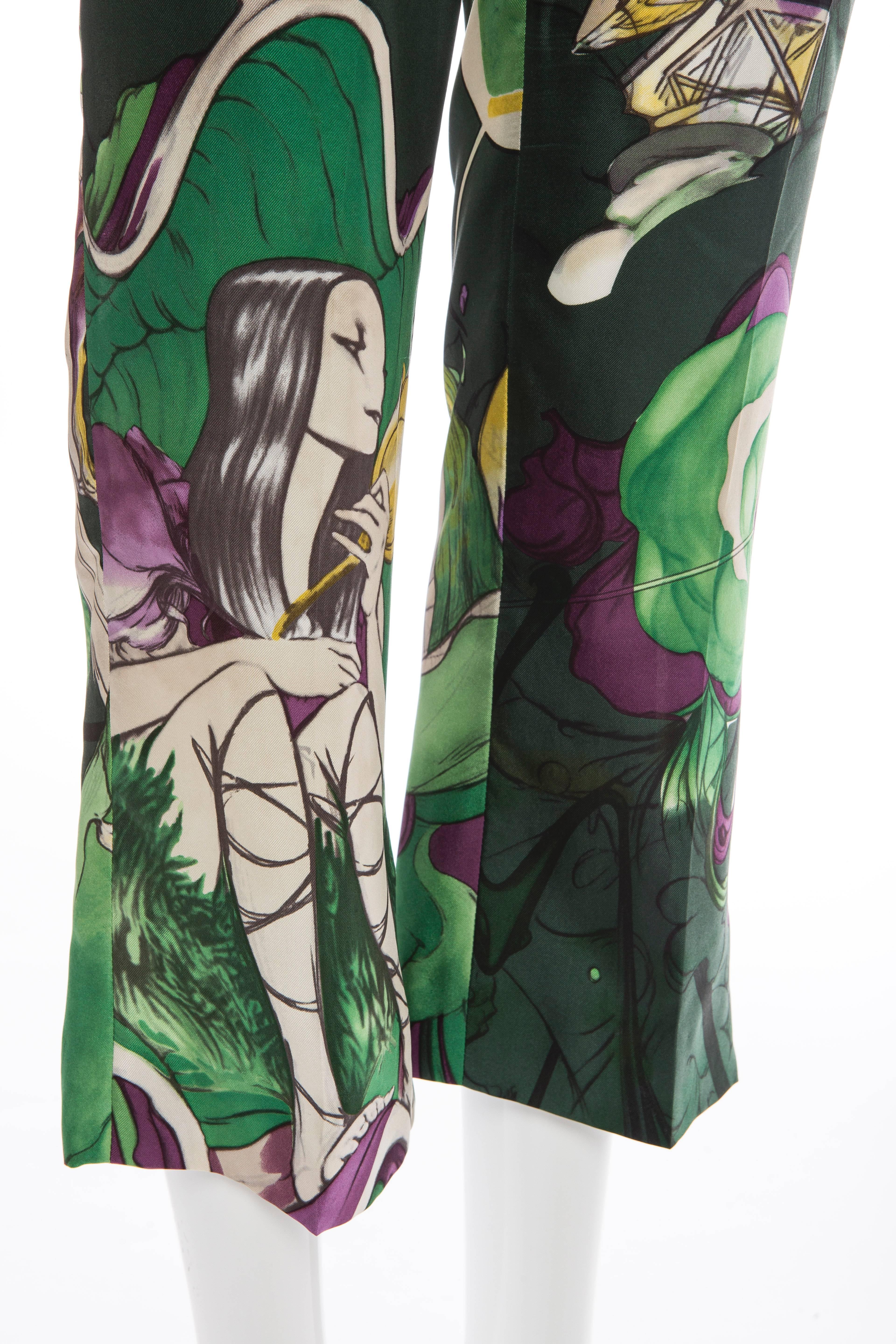 Prada Silk Cropped Pants With James Jean Fairy Print, Spring - Summer 2008 In Excellent Condition In Cincinnati, OH