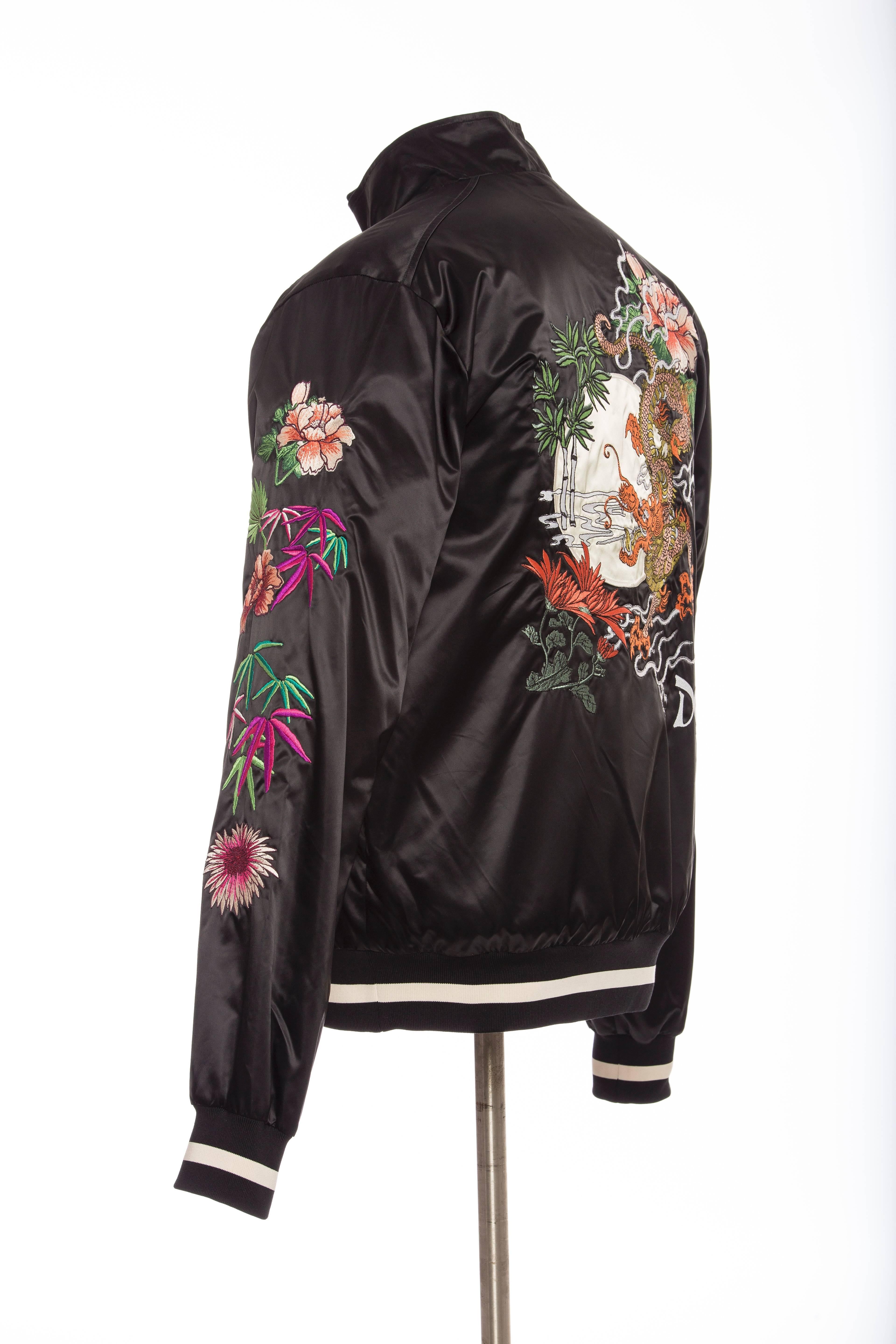 Dolce & Gabbana Men's Black Satin Floral And Dragon Embroidered Souvenir Jacket In Excellent Condition In Cincinnati, OH