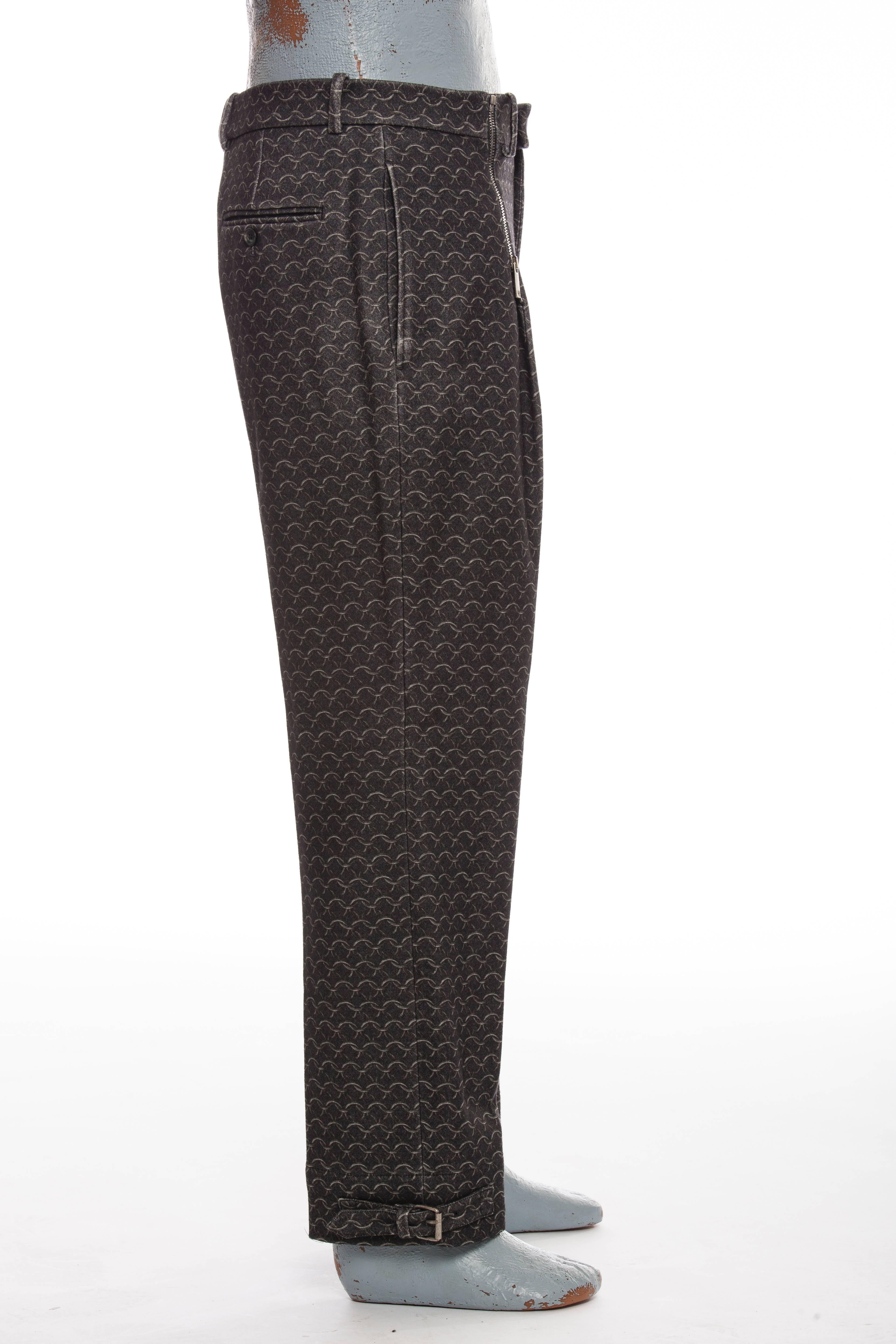 Alexander McQueen, Spring - Summer 2010; The Bone Collector Collection men's wool chain-mail print straight-leg pants with three pockets, tonal stitching throughout and zip closures at front. Made in Italy. Size not listed, estimated from