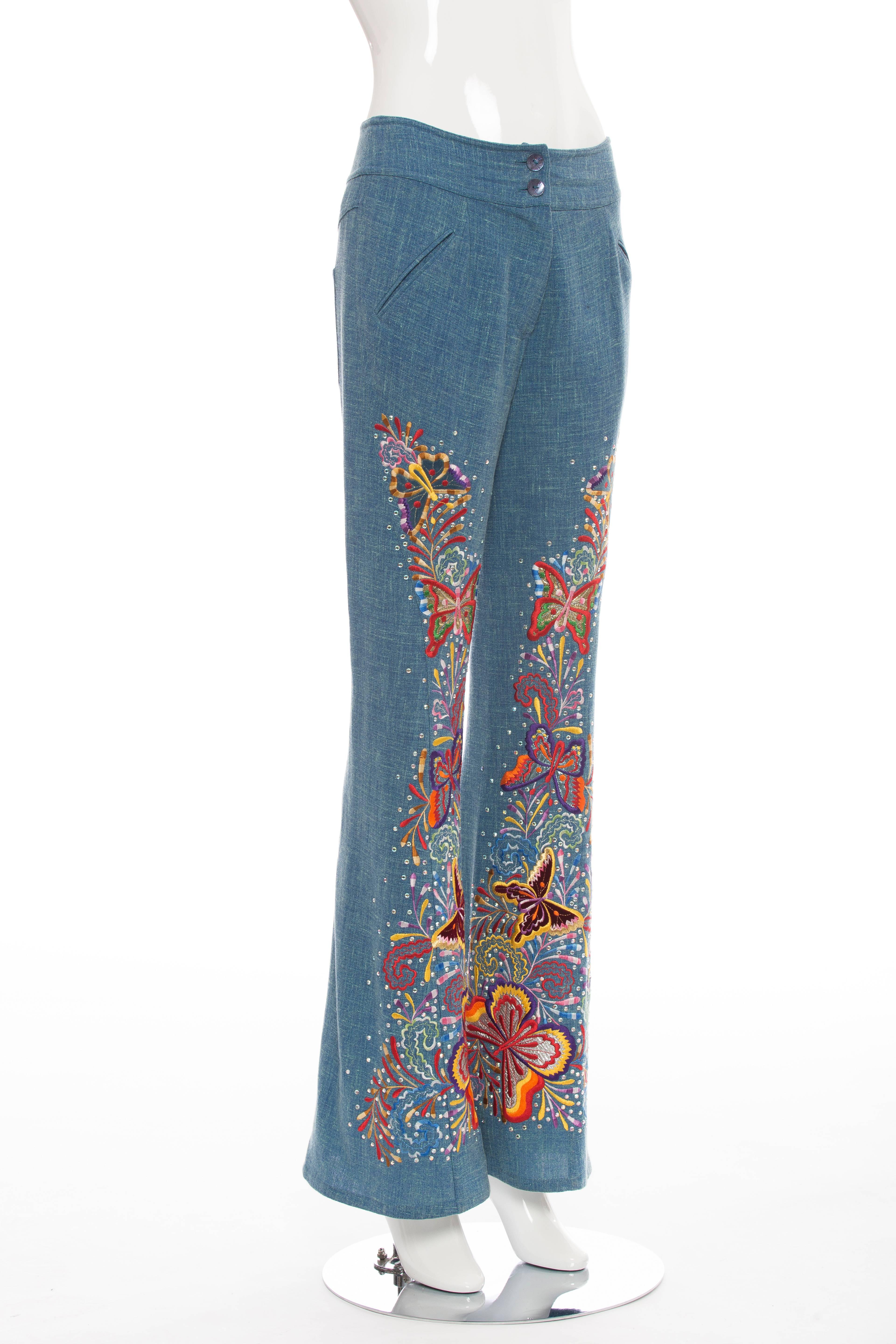 Gray John Galliano For Christian Dior Embroidered Linen Pants, Spring - Summer 2002