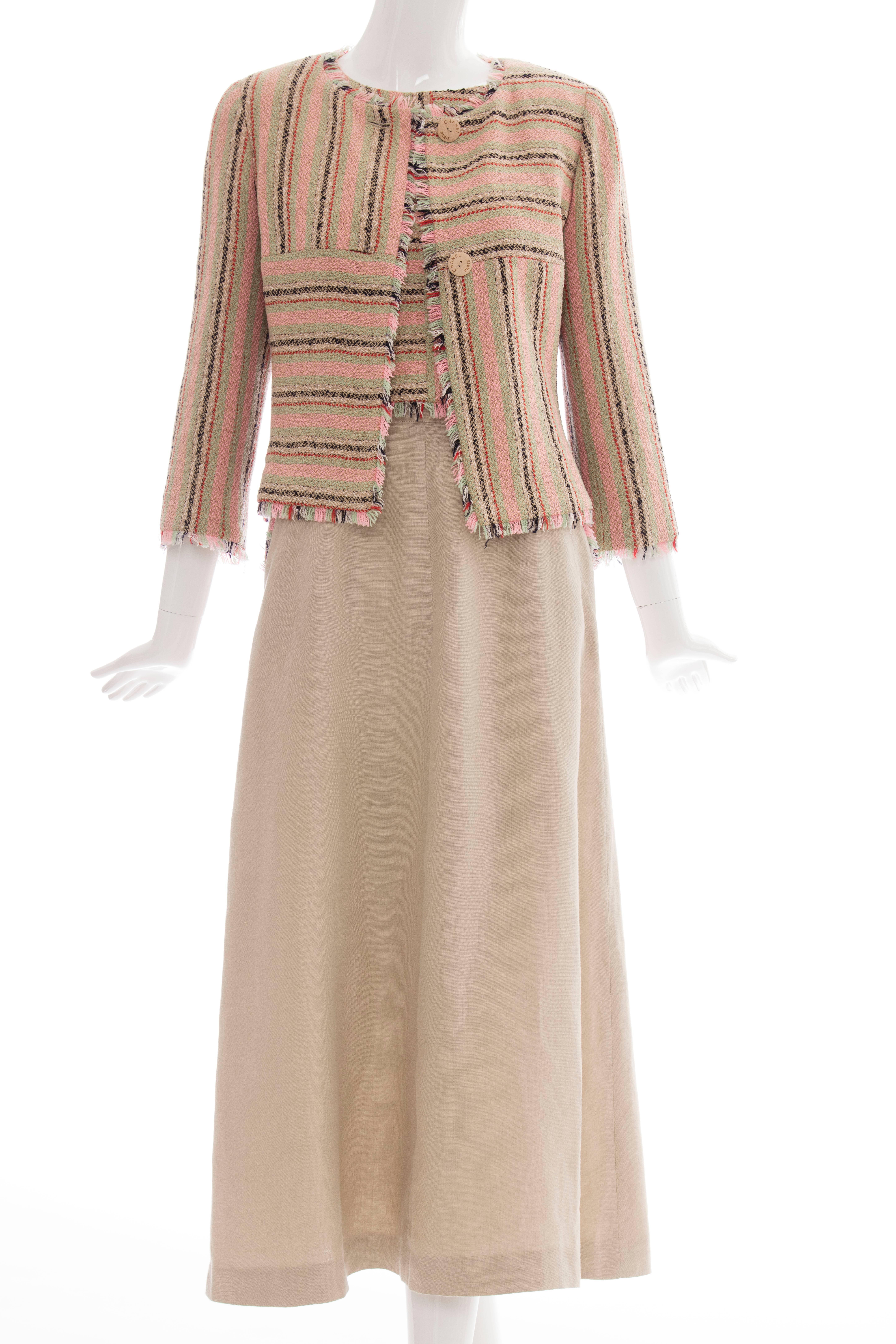 Chanel, Resort 2000 three piece linen skirt suit ensemble with sleeveless top, button front jacket and skirt with two front pockets.
