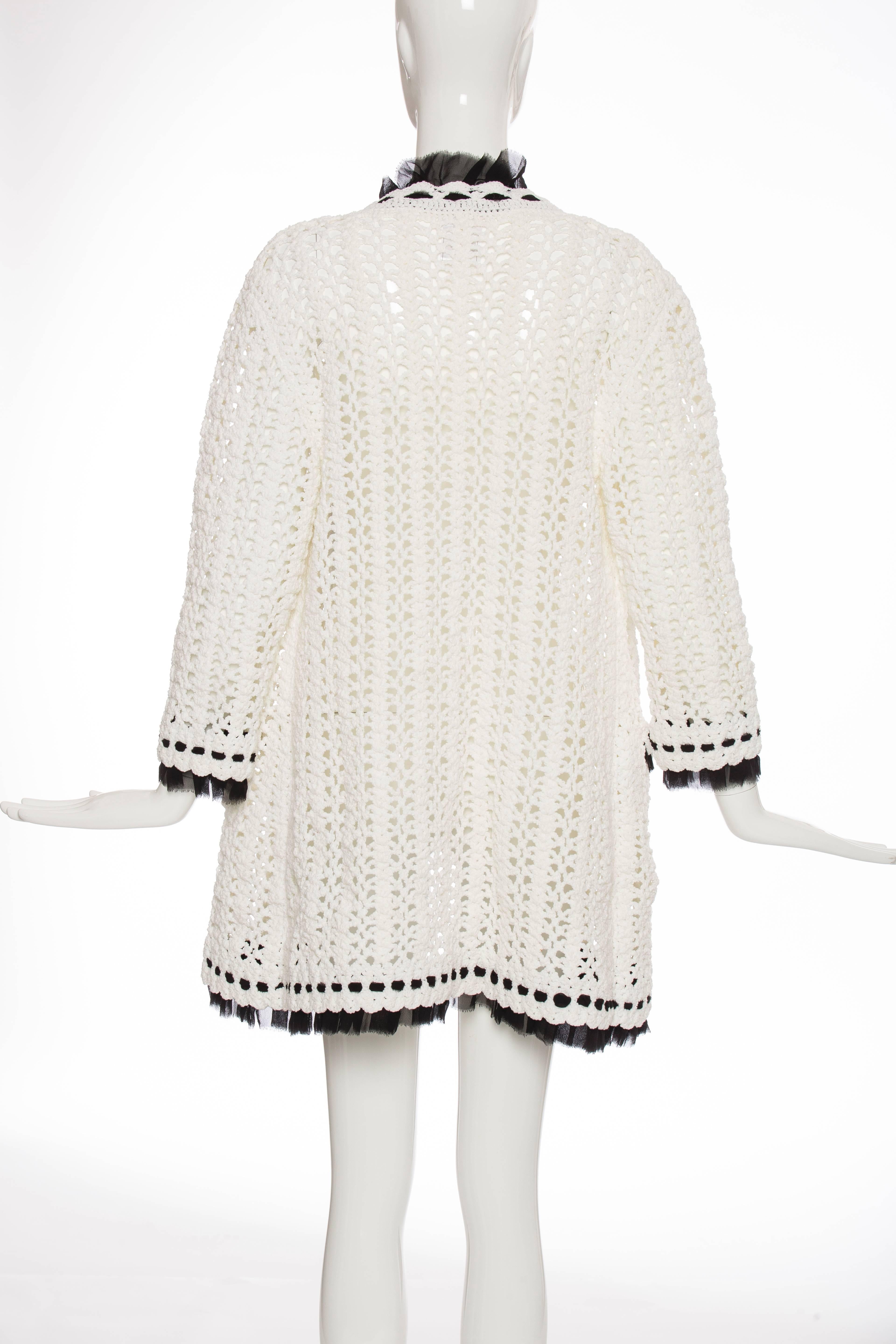 Chanel Ivory Crochet Knit Cardigan With Black Silk Chiffon Trim, Spring 2005 In Excellent Condition For Sale In Cincinnati, OH