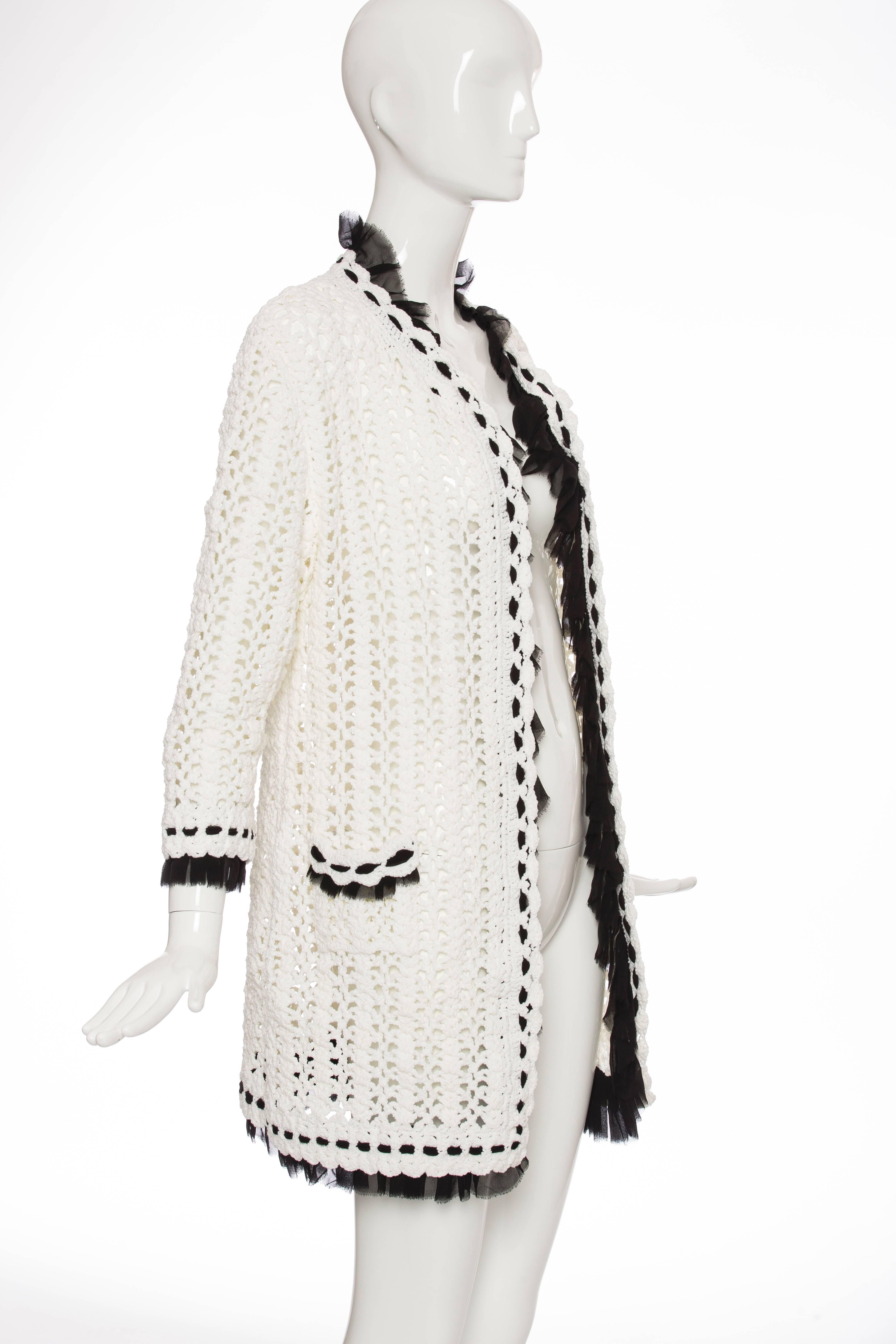 Women's Chanel Ivory Crochet Knit Cardigan With Black Silk Chiffon Trim, Spring 2005 For Sale