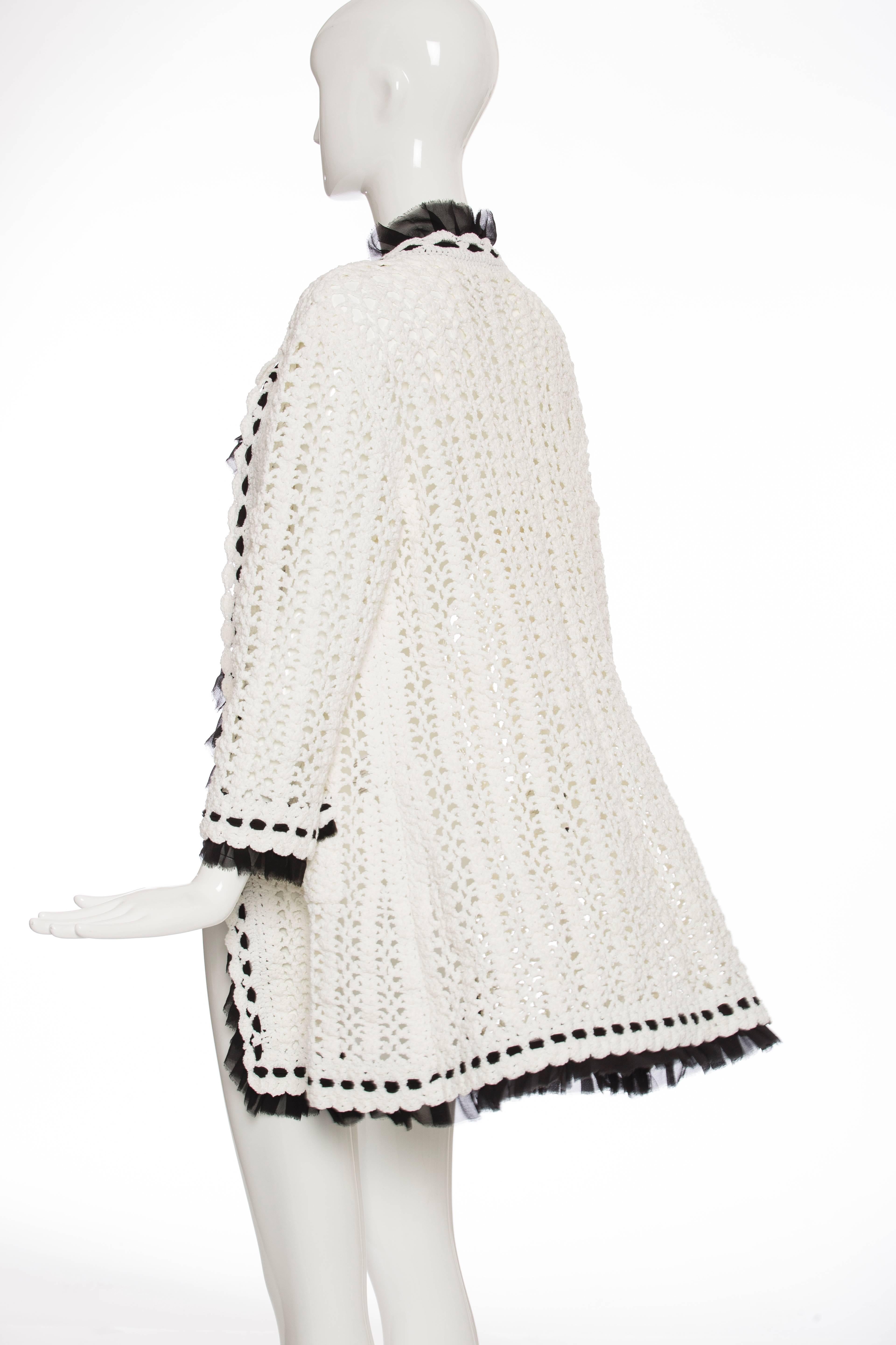 Chanel Ivory Crochet Knit Cardigan With Black Silk Chiffon Trim, Spring 2005 For Sale 2
