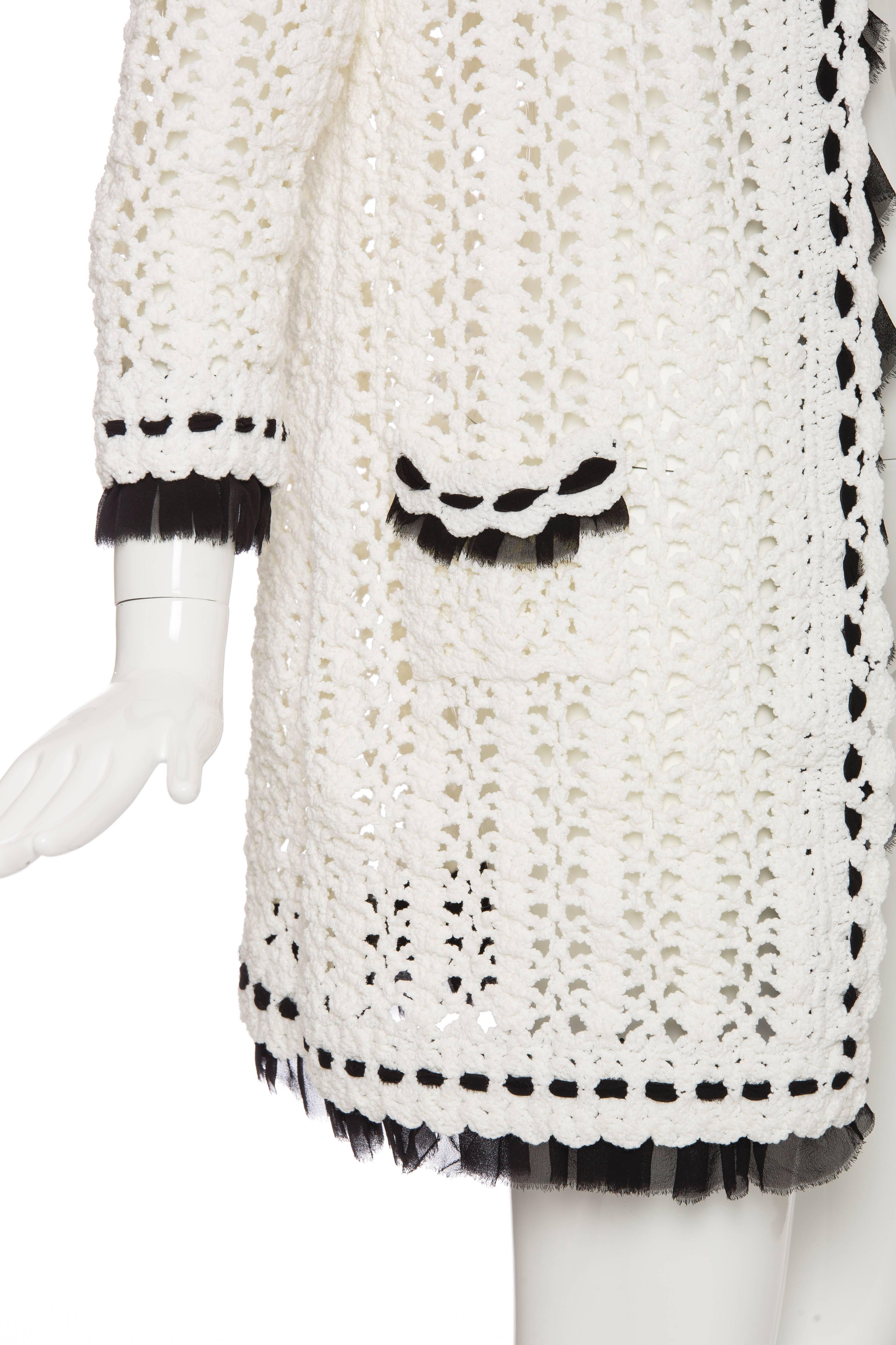 Chanel Ivory Crochet Knit Cardigan With Black Silk Chiffon Trim, Spring 2005 For Sale 1