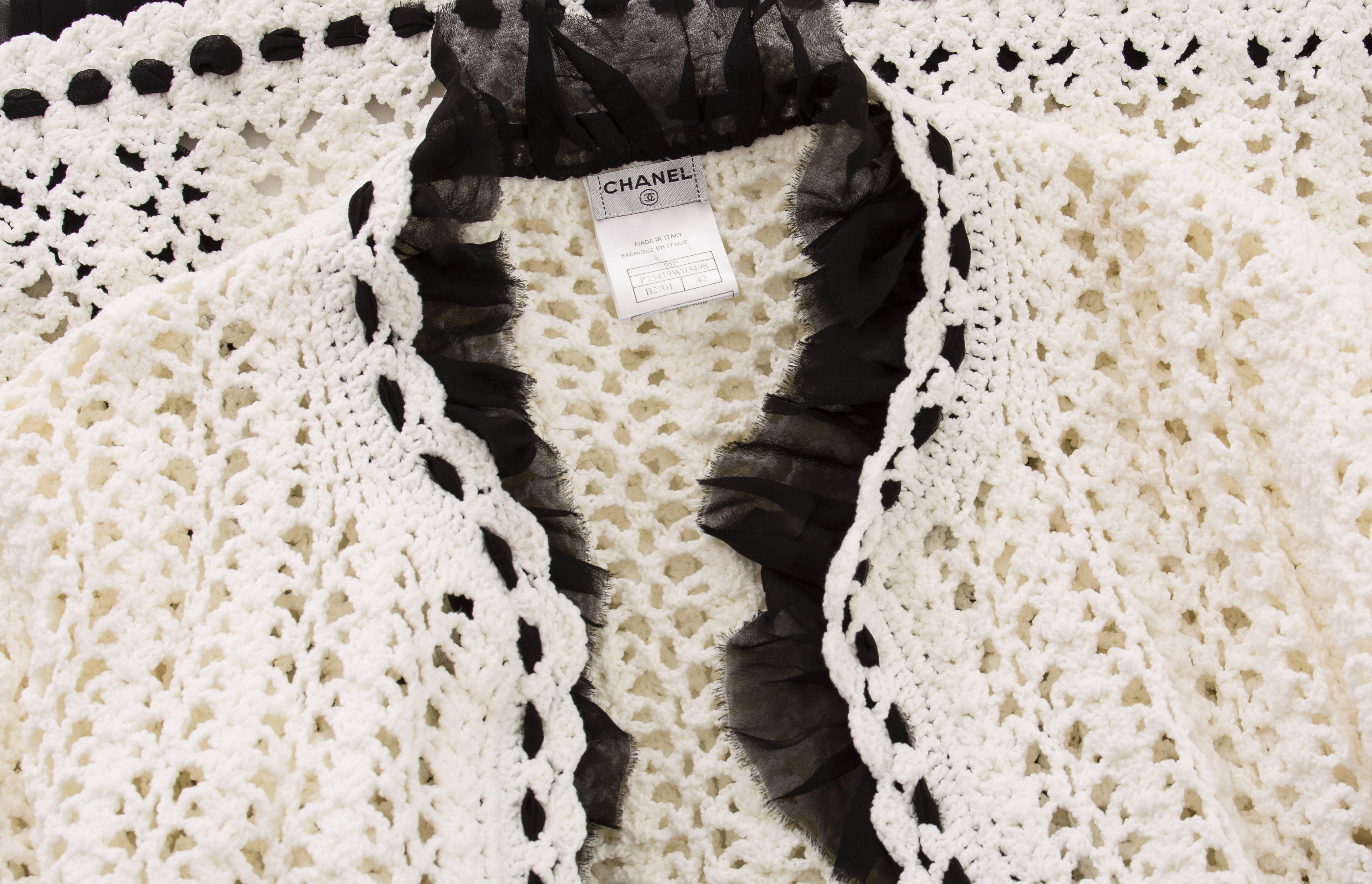 Chanel Ivory Crochet Knit Cardigan With Black Silk Chiffon Trim, Spring 2005 For Sale 4