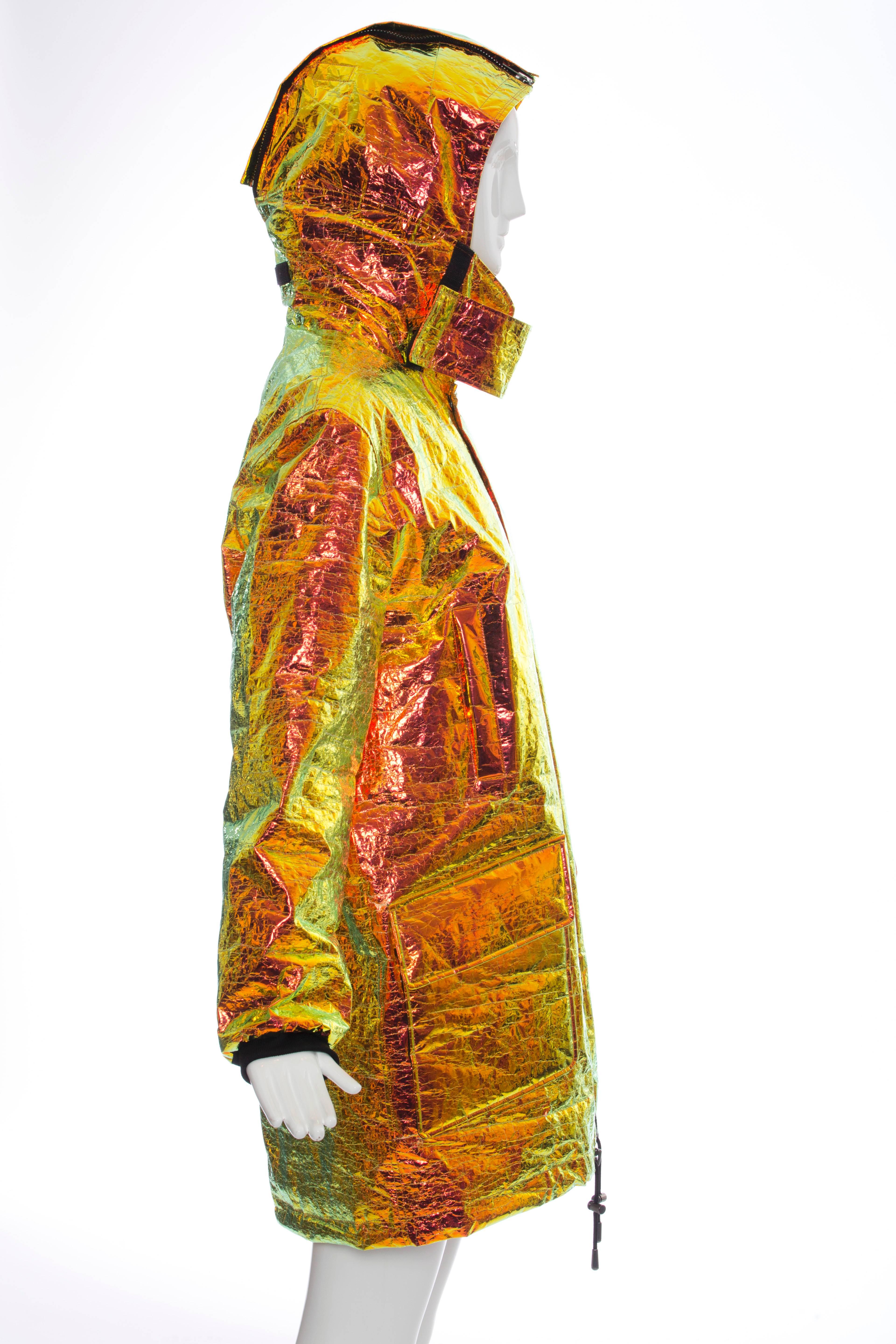 Wanda Nylon, Autumn-Winter 2014, iridescent metallic foil hooded parka, four front pockets, zip and snap front closure, hooded zip and fully lined.

Seen on M.I.A. and Snoop Dog.