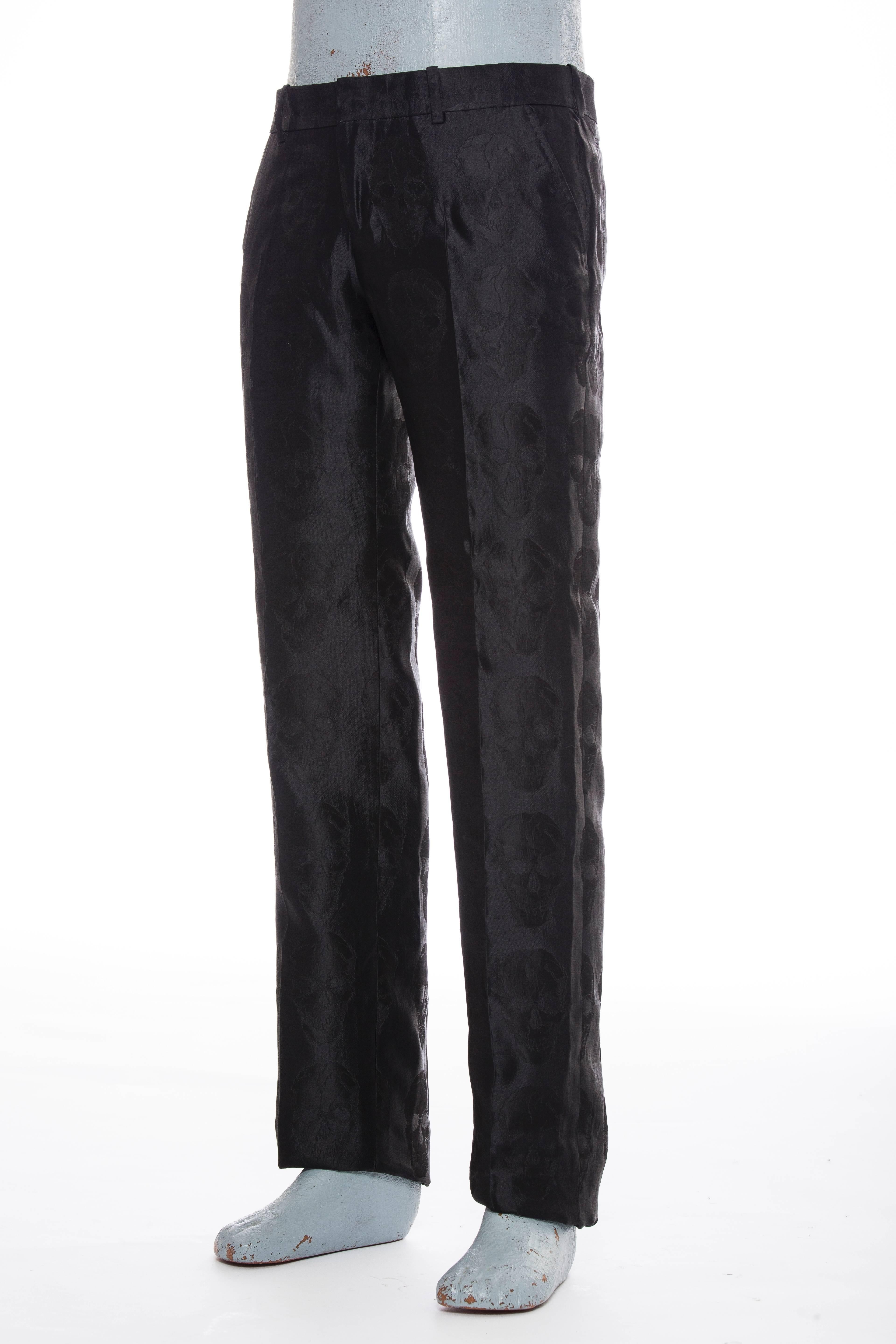 Alexander McQueen Men's Black Silk Pants With Skull Pattern Throughout 2