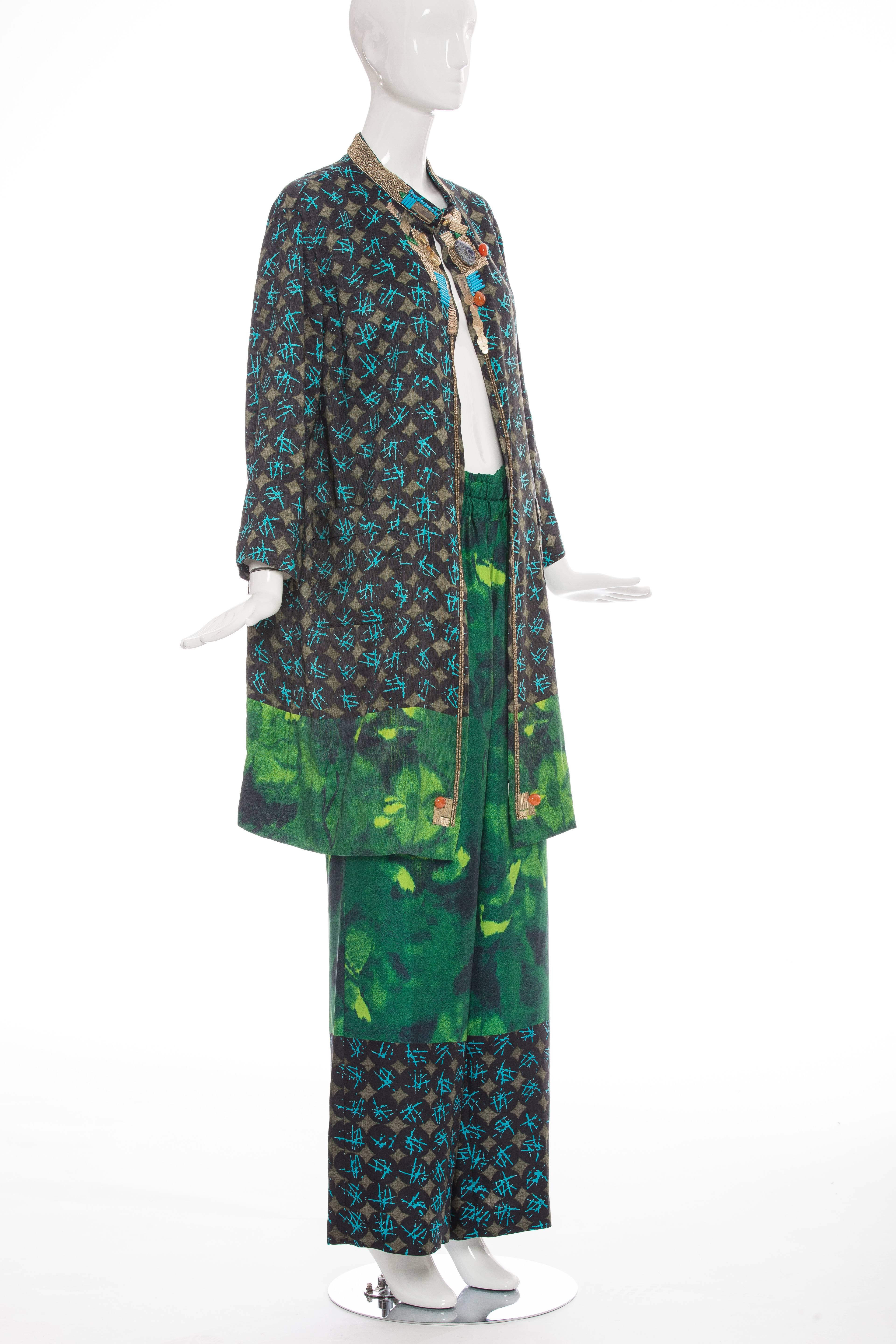 Dries Van Noten Printed Linen Silk Bead & Cabachons Pant Suit, Spring 2008 In Excellent Condition In Cincinnati, OH