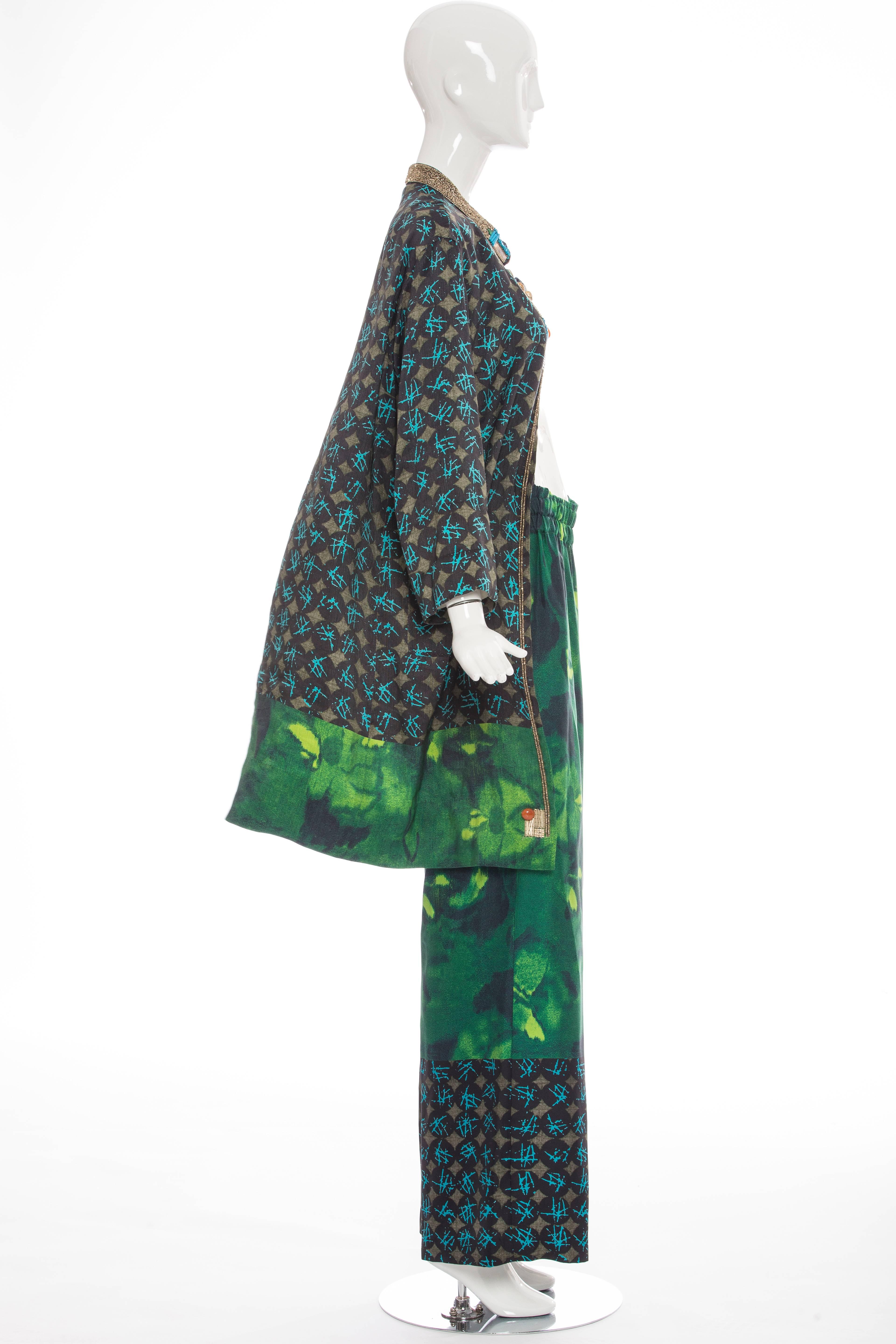 Women's Dries Van Noten Printed Linen Silk Bead & Cabachons Pant Suit, Spring 2008