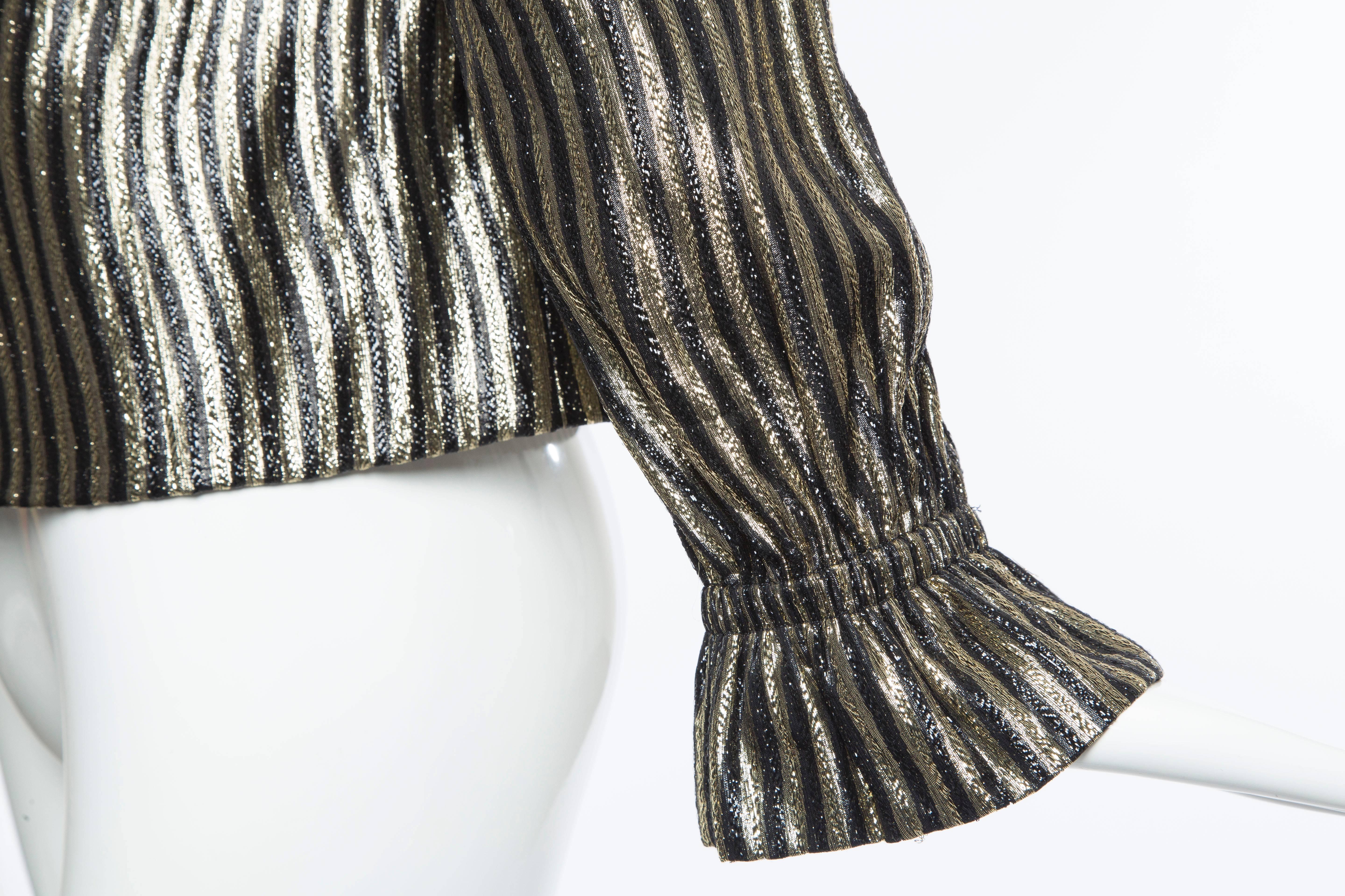 Women's Pauline Trigere Black Gold Striped Metallic Snap Front Blouse, Circa: 1970's For Sale