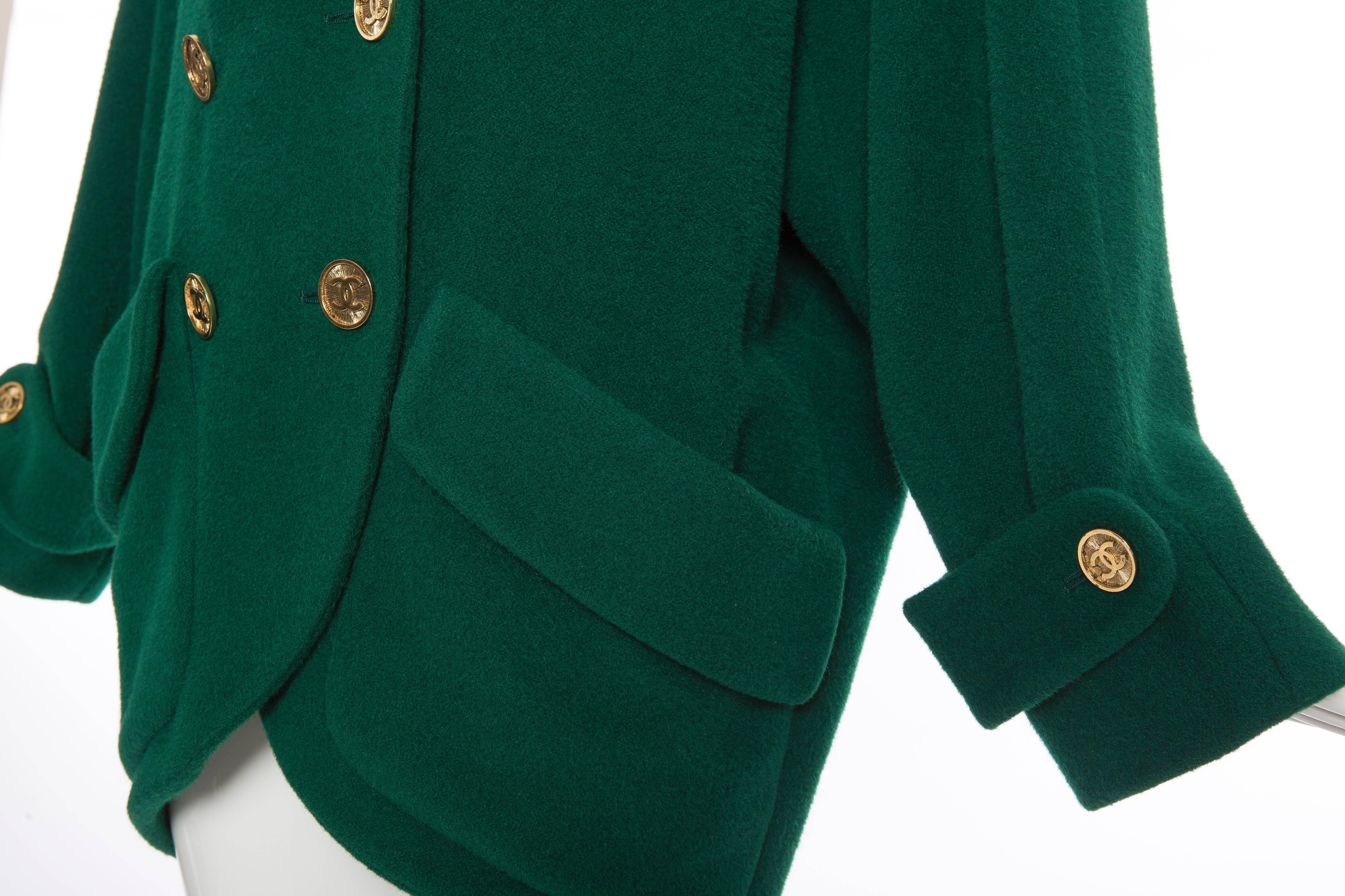Chanel Emerald Green Wool Double Breasted Cocoon Coat, Circa 1980's 2