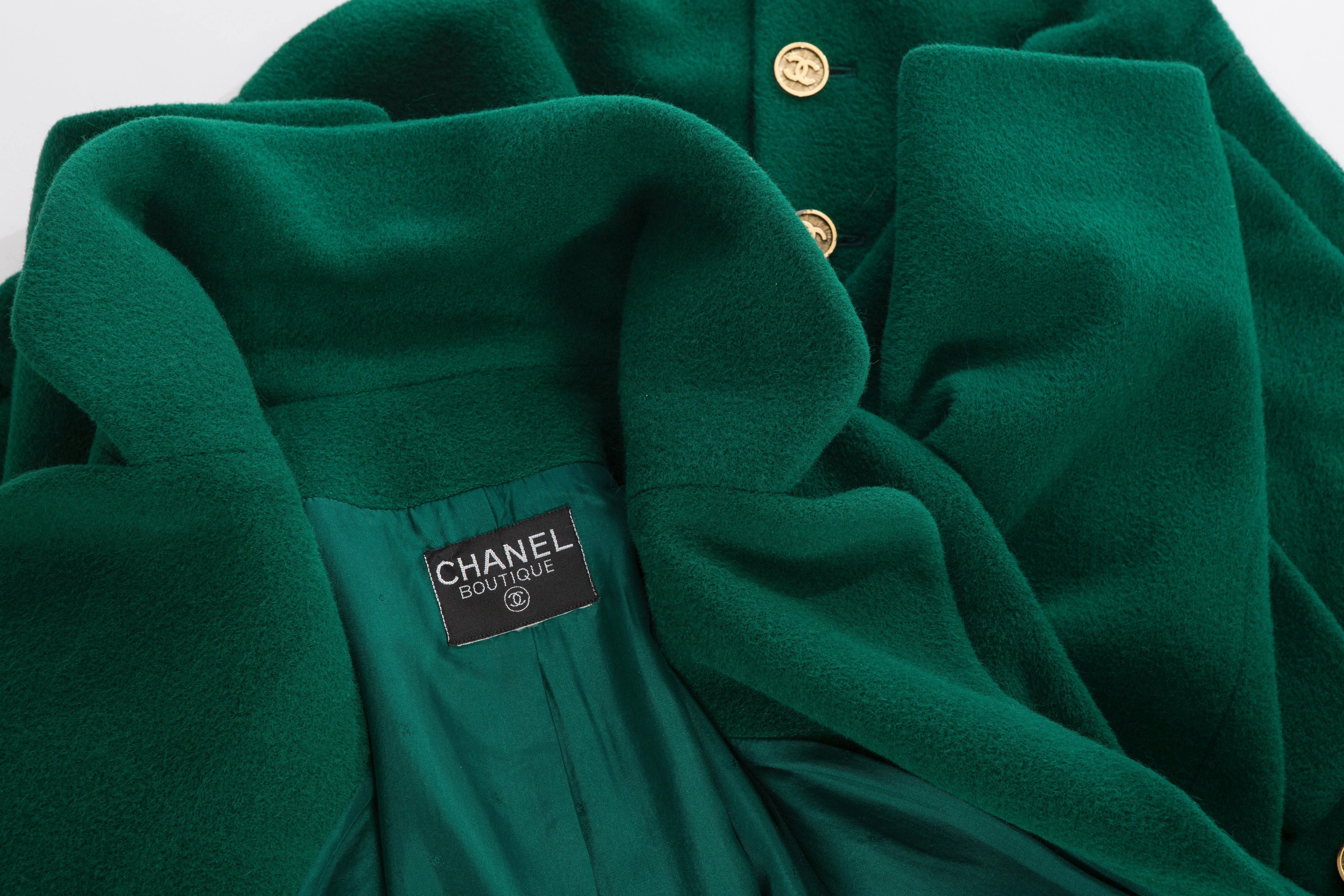 Chanel Emerald Green Wool Double Breasted Cocoon Coat, Circa 1980's 3