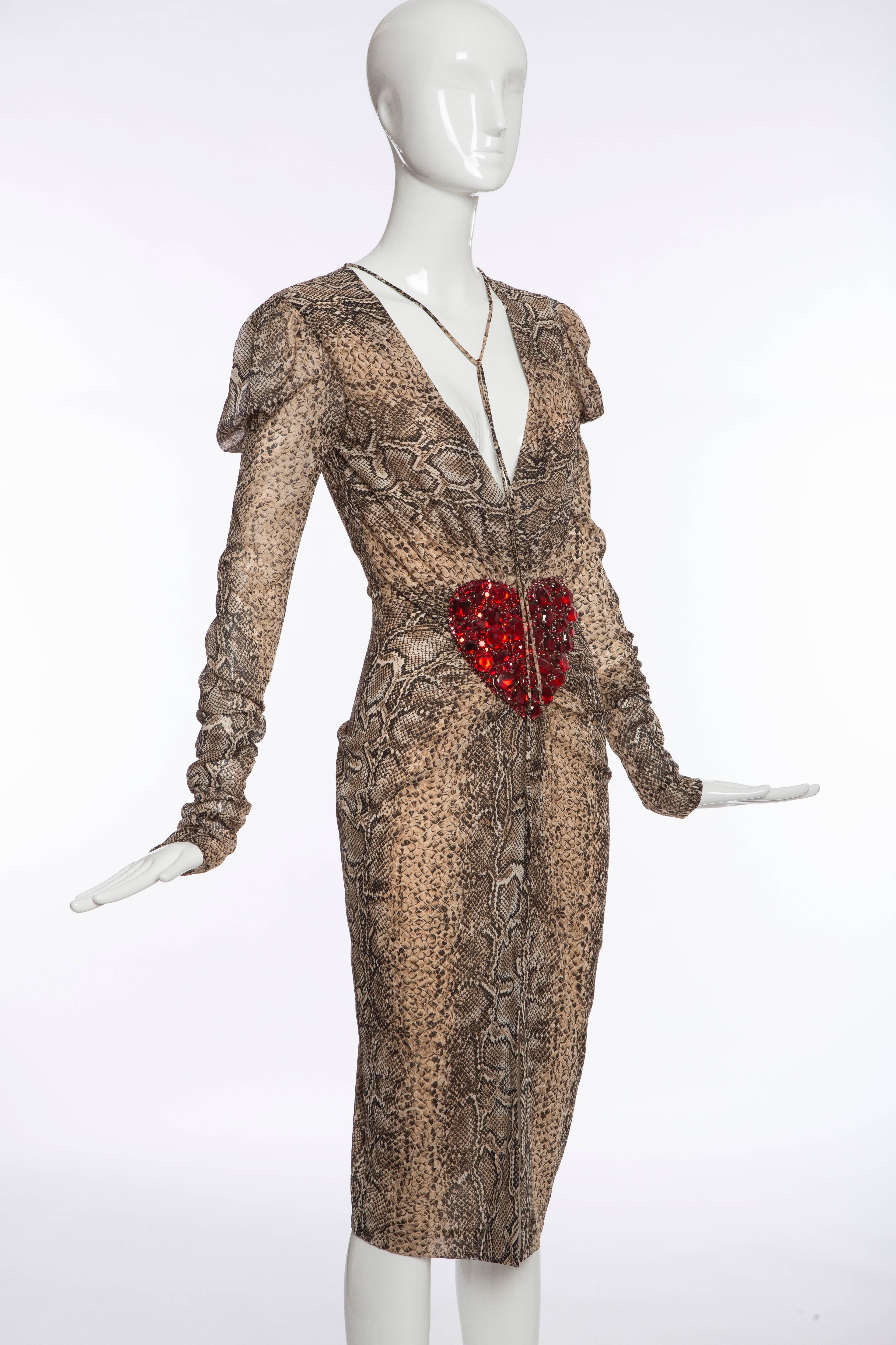 Dolce & Gabbana Silk Snake Print Dress With Diamanté Heart, Spring 2005 In Excellent Condition In Cincinnati, OH