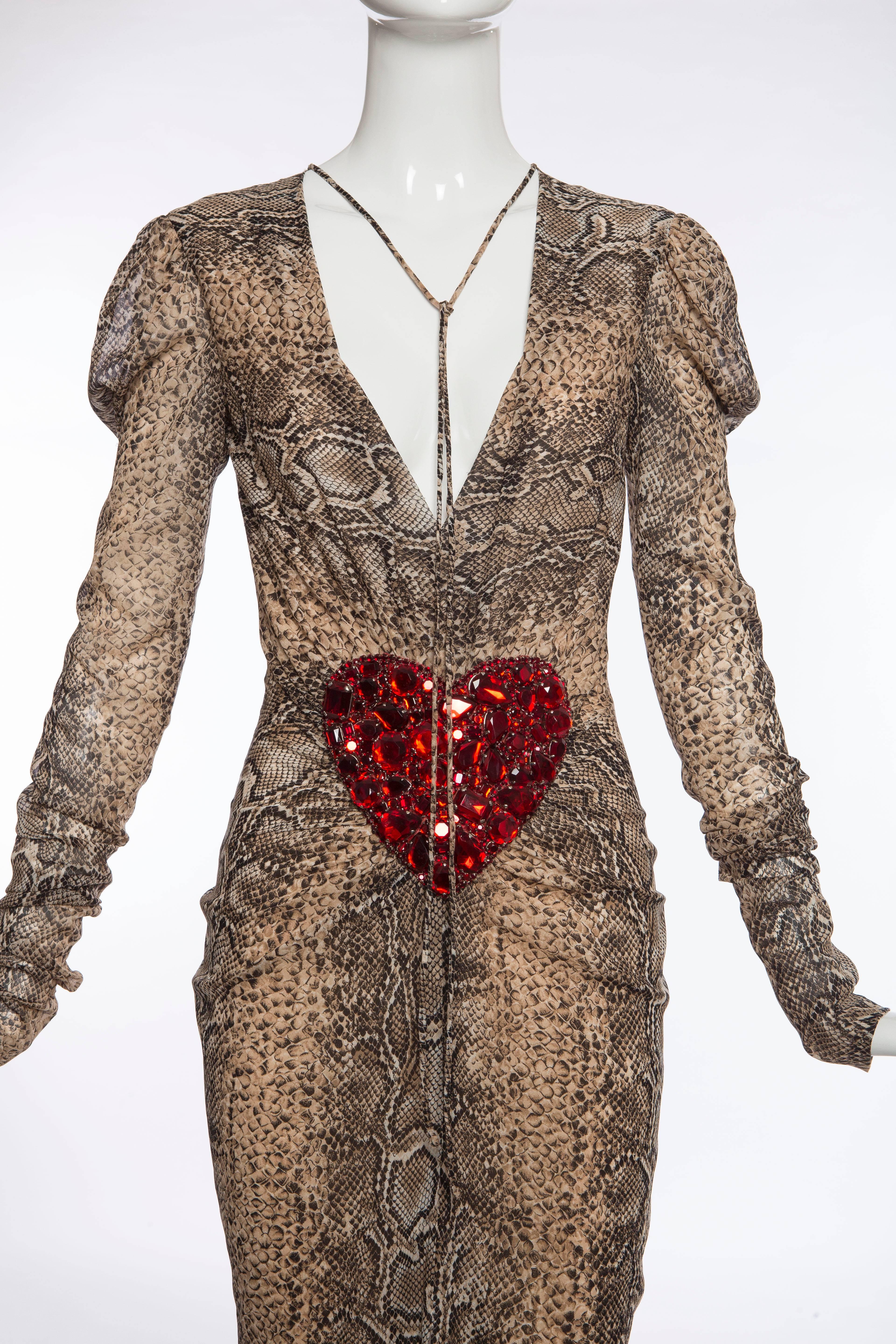 Women's Dolce & Gabbana Silk Snake Print Dress With Diamanté Heart, Spring 2005