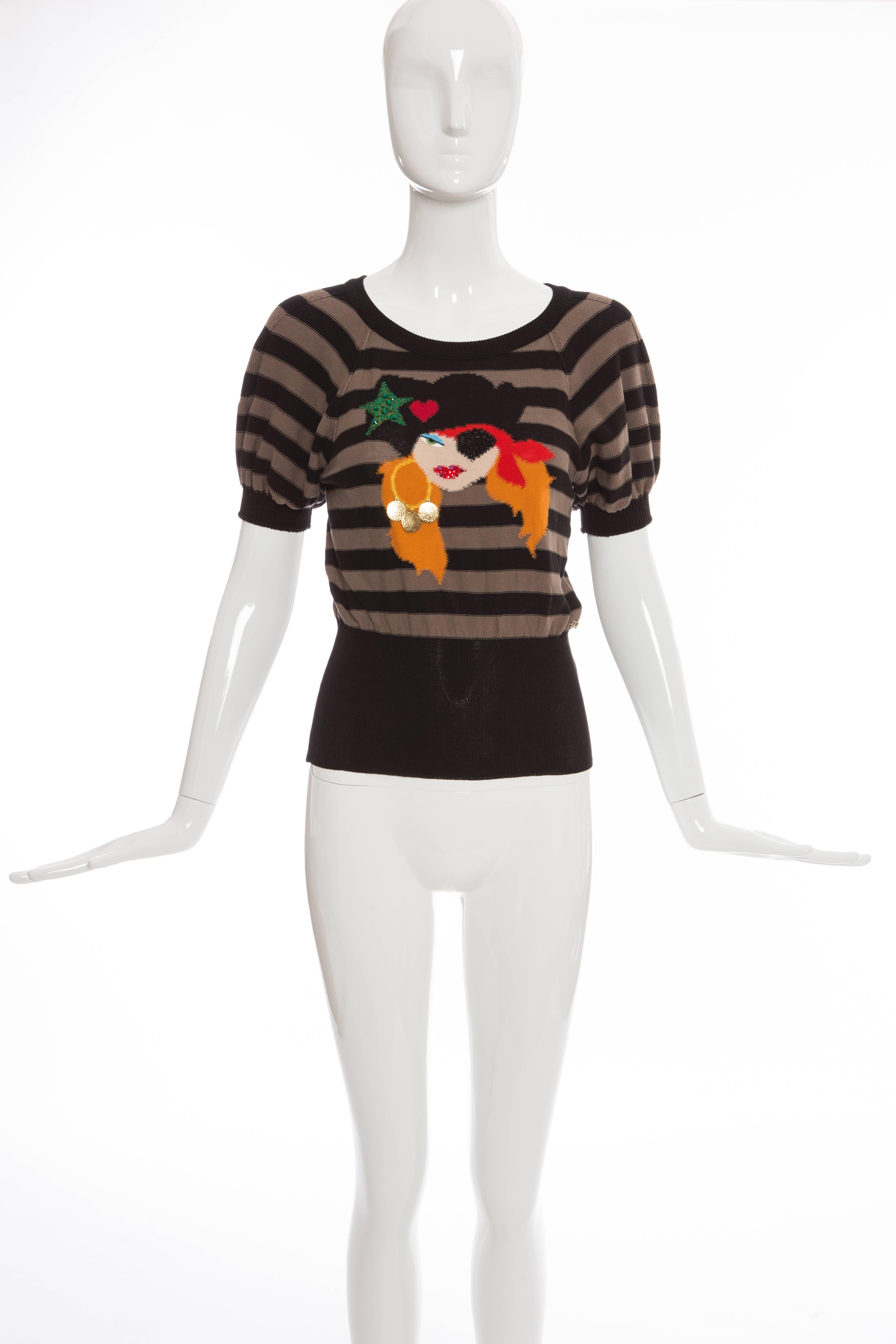 Sonia Rykiel, Spring-Summer 2005 cotton, knit sweater with stripes throughout, bejeweled embellishments, gold-tone hardware and pirate girl pattern at front.

FR. 38
US. 6

Bust 30”, Waist 21”, Length 21.5”

Fabric Content: 100% Cotton