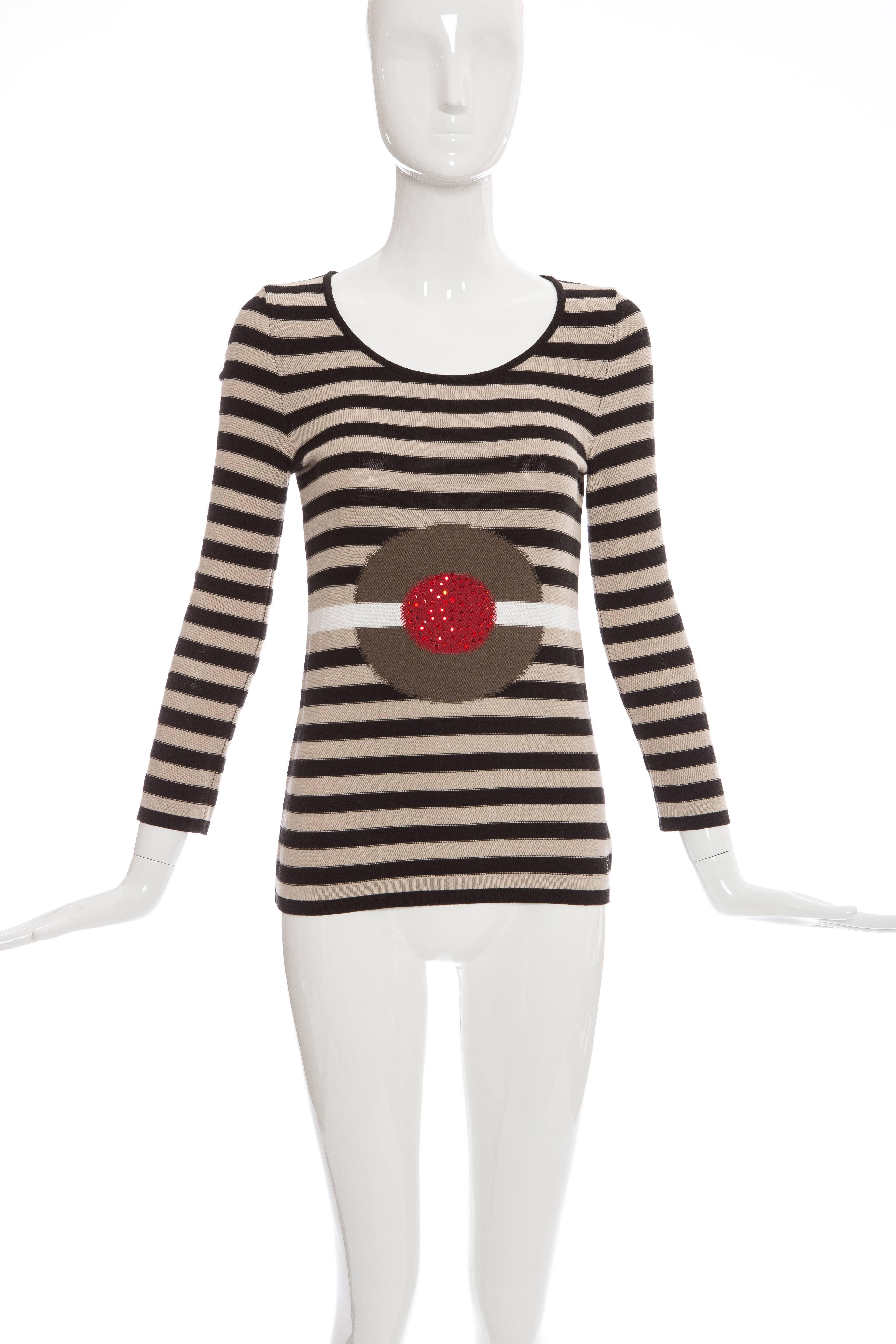 Sonia Rykiel, Spring-Summer 2002, long sleeve knit sweater with scoop neck, embellishment at front and striped pattern throughout.

FR. 36
US. 4

Bust 34”, Waist 26”, Length 24”