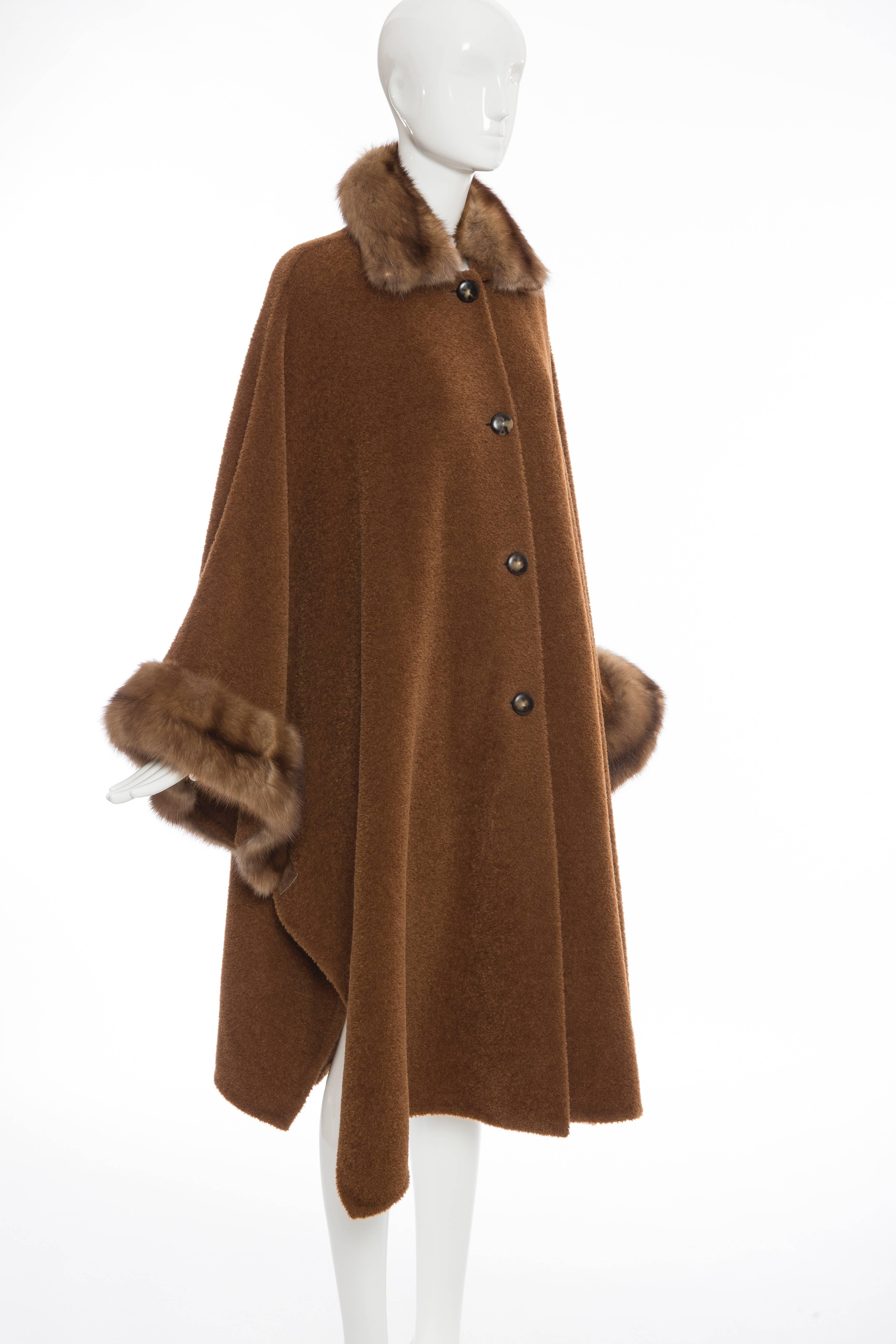 Brown Revillon Alpaca Button Front Cloak - Cape With Sable Trim, Late 20th Century