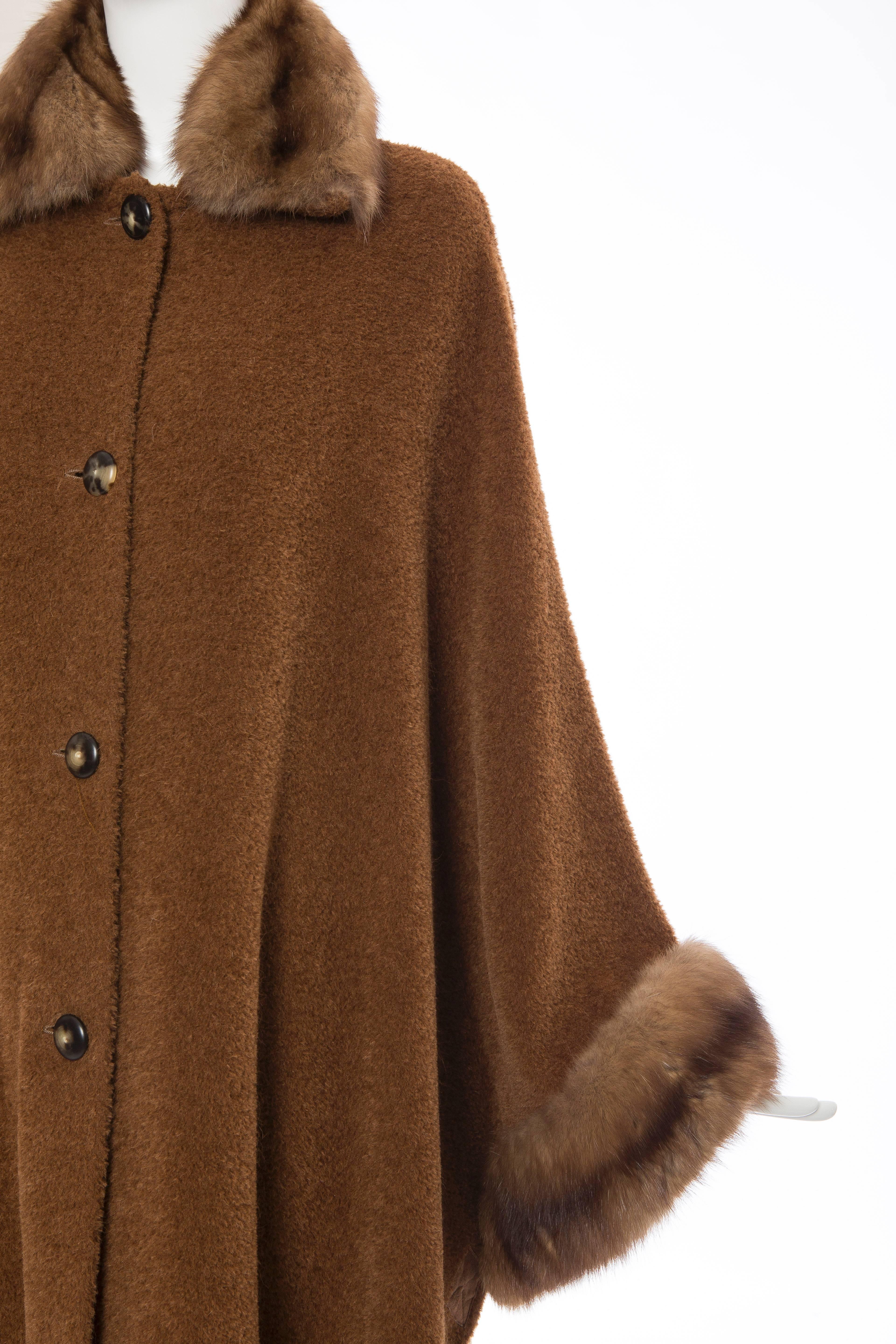 Revillon Alpaca Button Front Cloak - Cape With Sable Trim, Late 20th Century In Excellent Condition In Cincinnati, OH