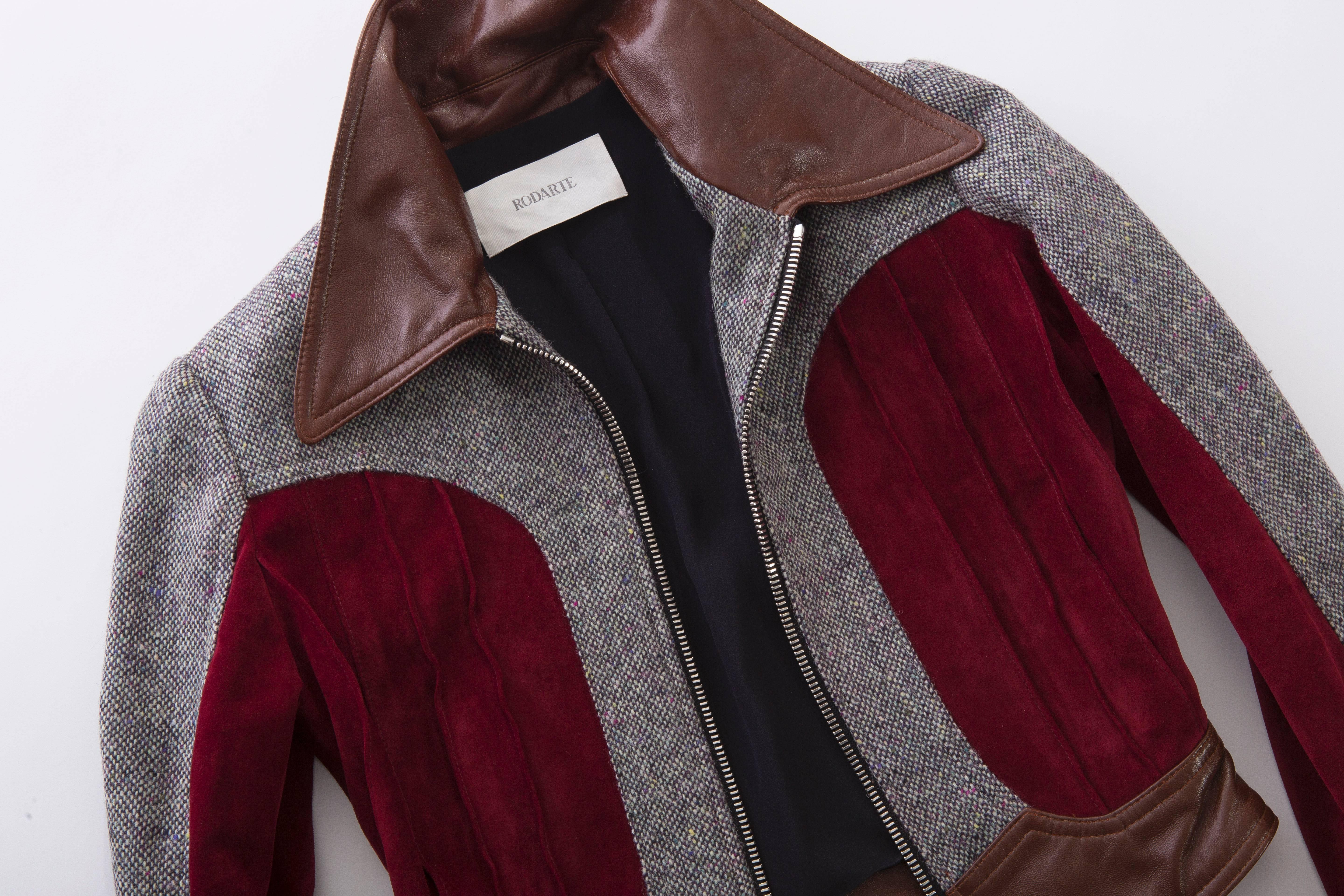 Rodarte Runway Wool Tweed Leather & Suede Zip Front Jacket, Spring 2016 For Sale 2