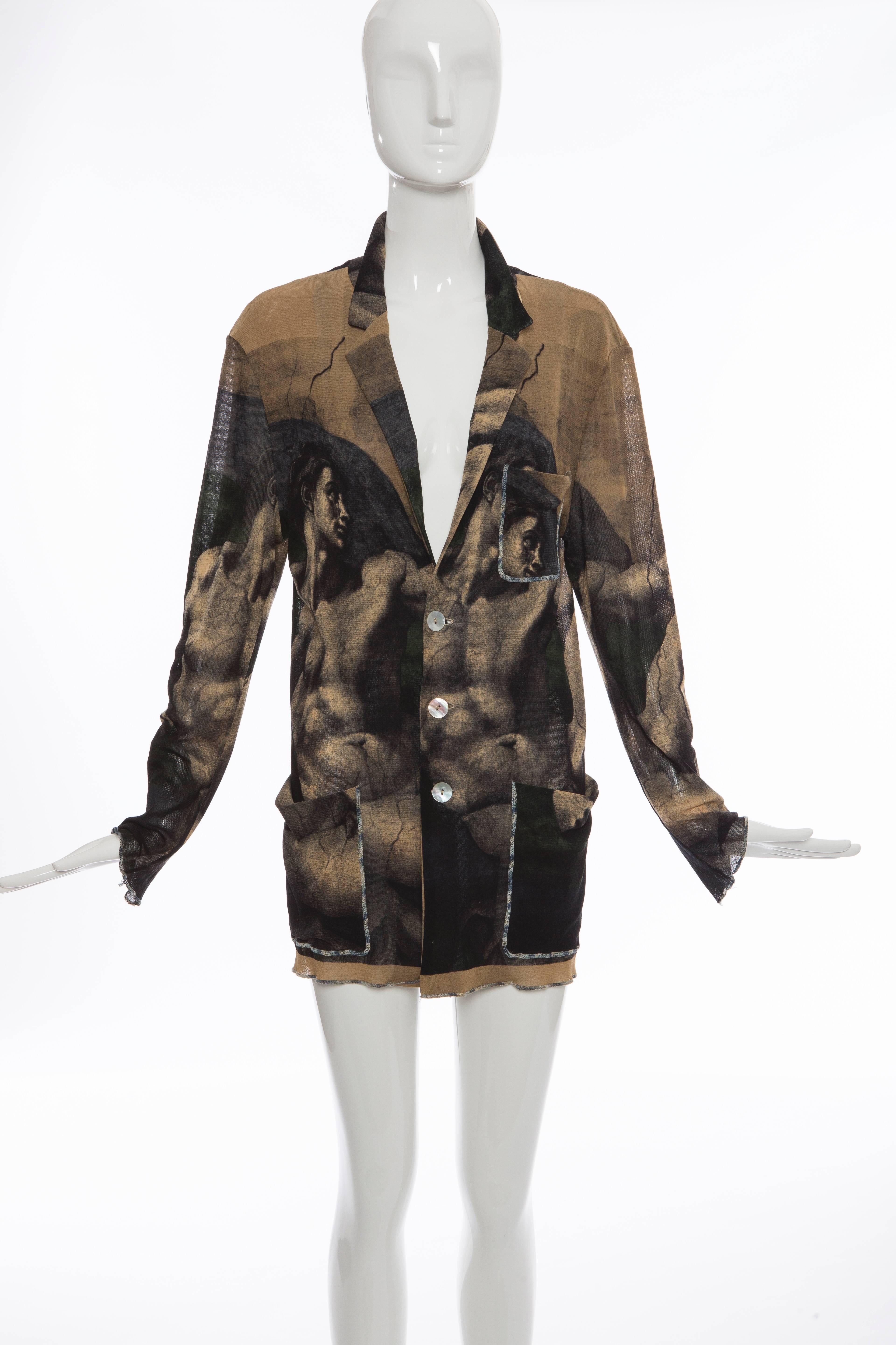 Jean Paul Gaultier, circa 1990's mesh printed blazer of the Michelangelo Creation of Adam - Renaissance Painting, notched lapels, three patch pockets at front and front button closure.

Large

Bust 38”, Waist 36”, Shoulder 18”, Length 31”,