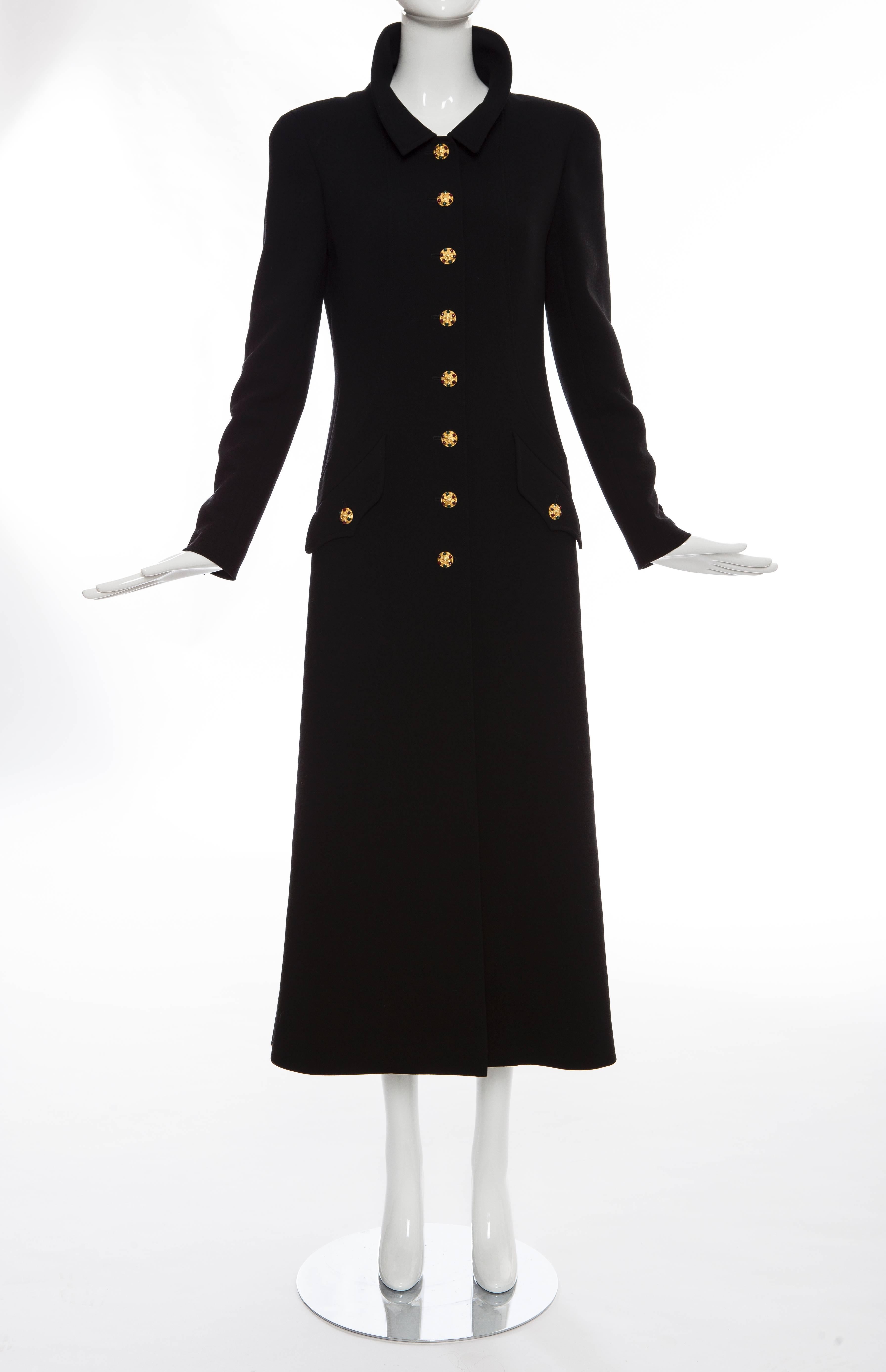 Chanel, Autumn-Winter 1996, black wool long chesterfield coat with eighteen Maison Gripoix buttons, dual flap pockets, back vent and fully lined in silk. 

FR. 40
US. 8

Bust 36”, Waist 32”, Shoulder 14”, Length 52”, Sleeve 32.5”