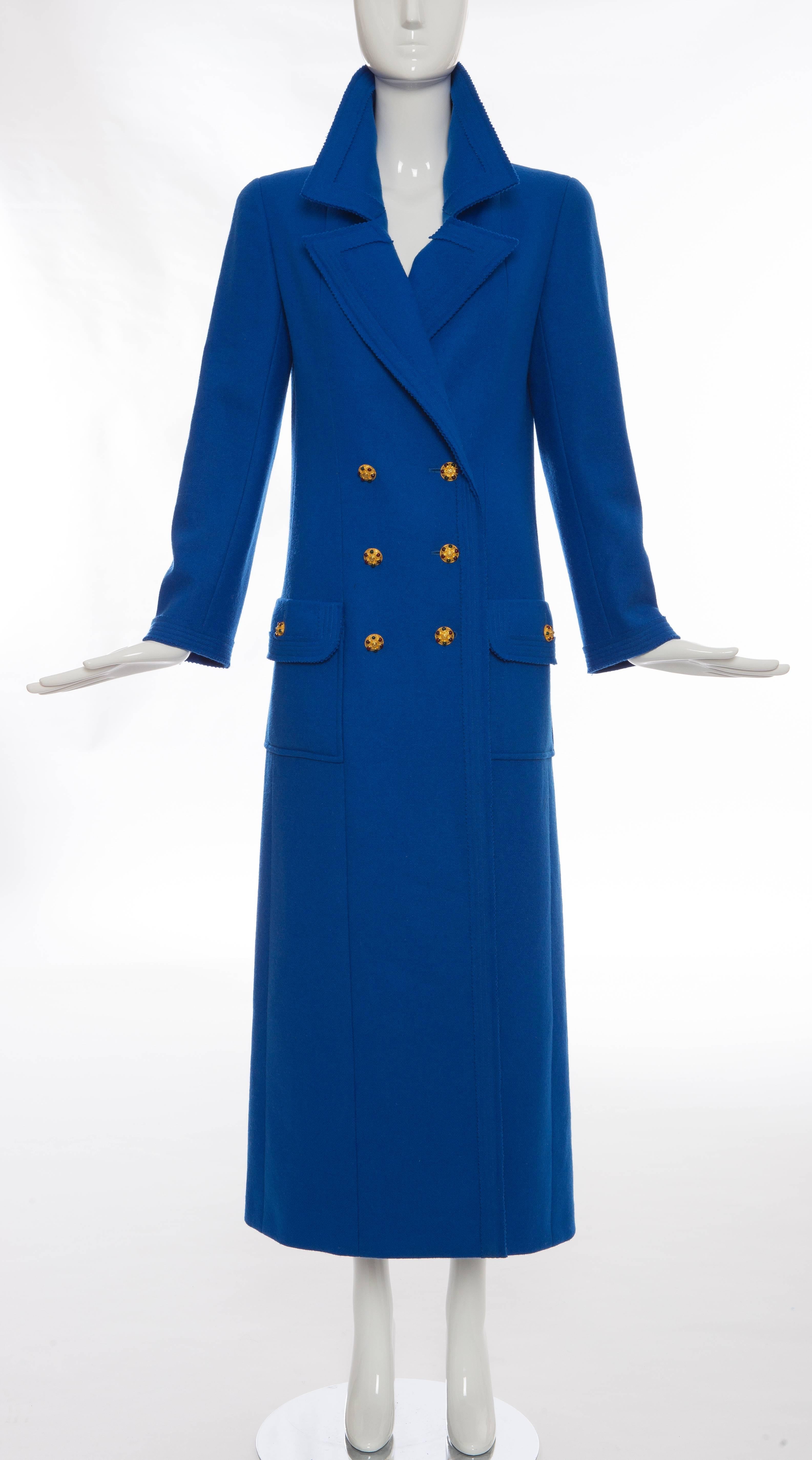 Chanel, Autumn - Winter 1996, royal blue wool double-breasted chesterfield coat with Maison Gripoix buttons, notched lapels, dual flap pockets and fully lined in silk.

FR. 36
US. 4

Bust 34”, Waist 32”, Shoulder 15”, Length 52.5”, Sleeve 32”