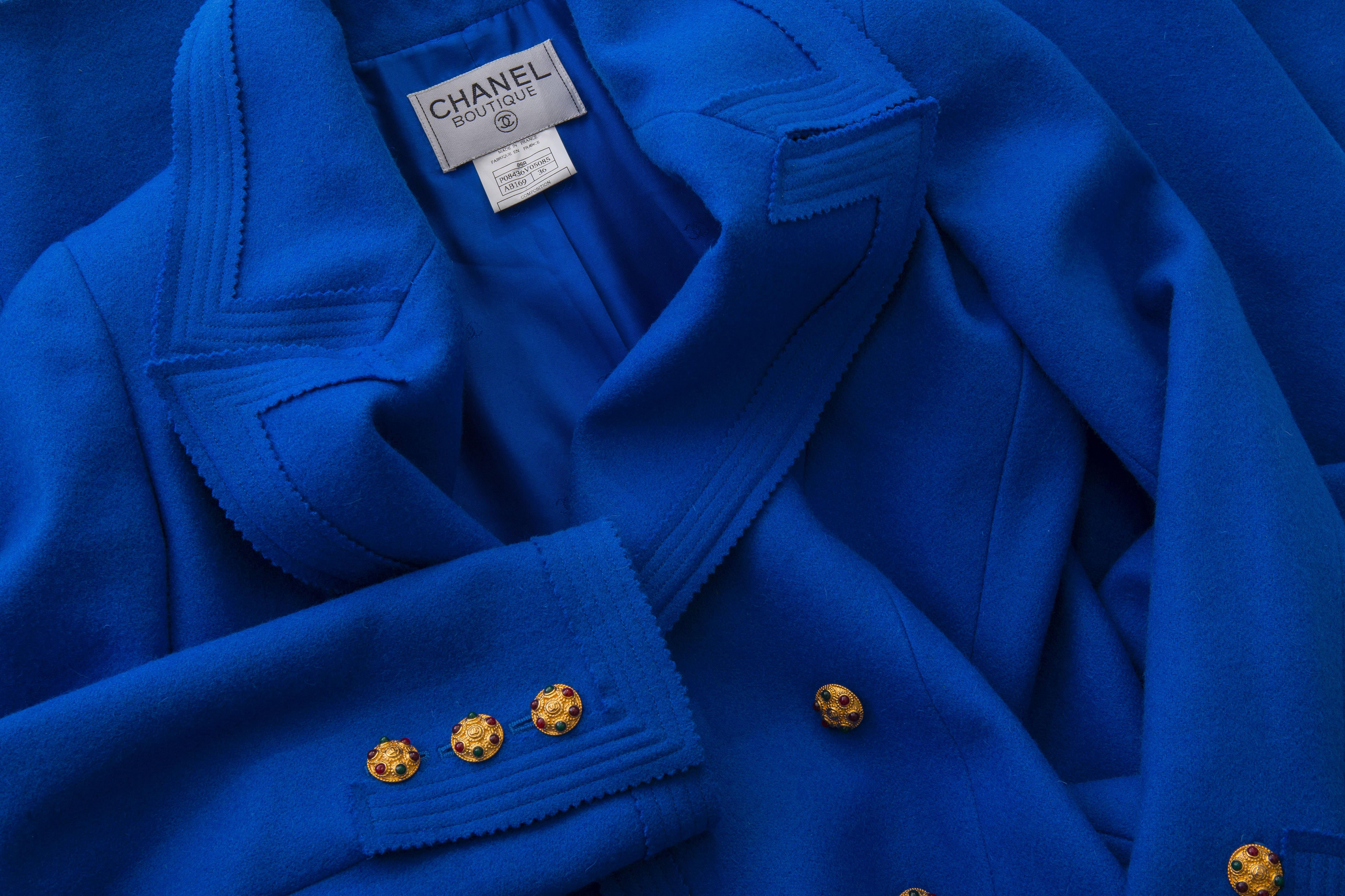 Chanel Royal Blue Wool Double - Breasted Coat Maison Gripoix Buttons, Fall 1996 3