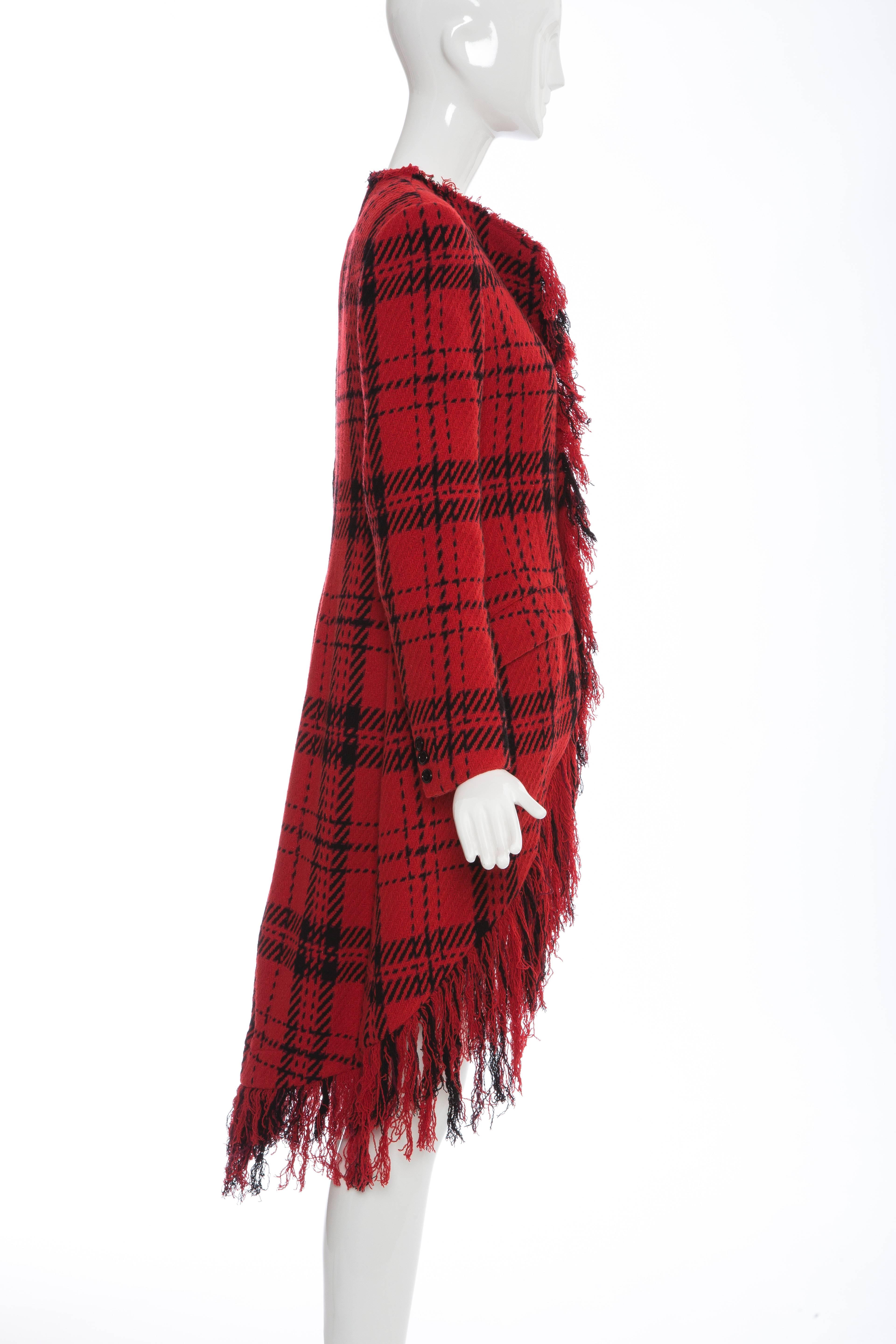 Yohji Yamamoto Red And Black Wool Tartan Fringed Jacket, Autumn - Winter 2003 In Excellent Condition In Cincinnati, OH