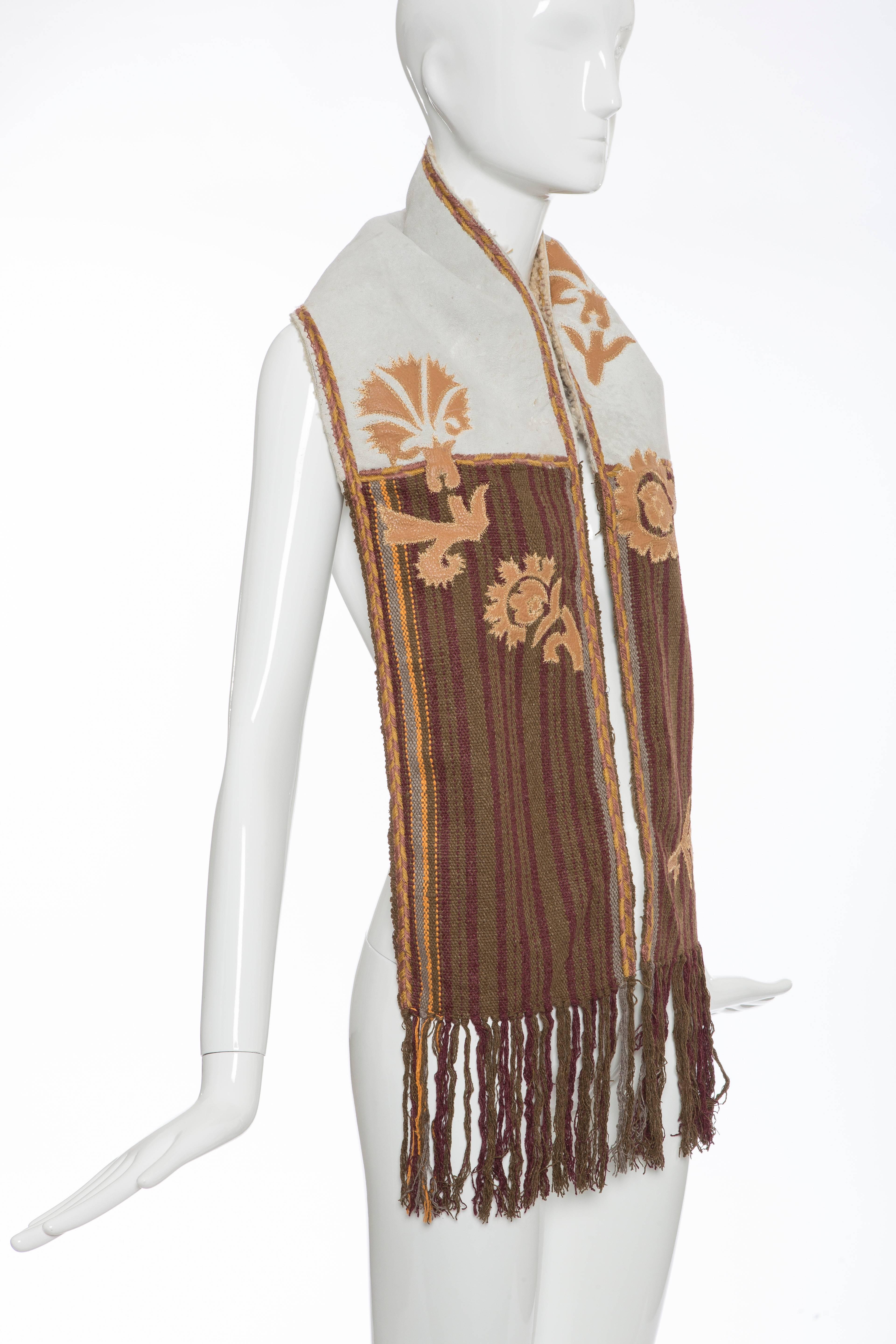 Brown Dries van Noten Runway Shearling Trim Embroidered Scarf , Fall 2002 For Sale
