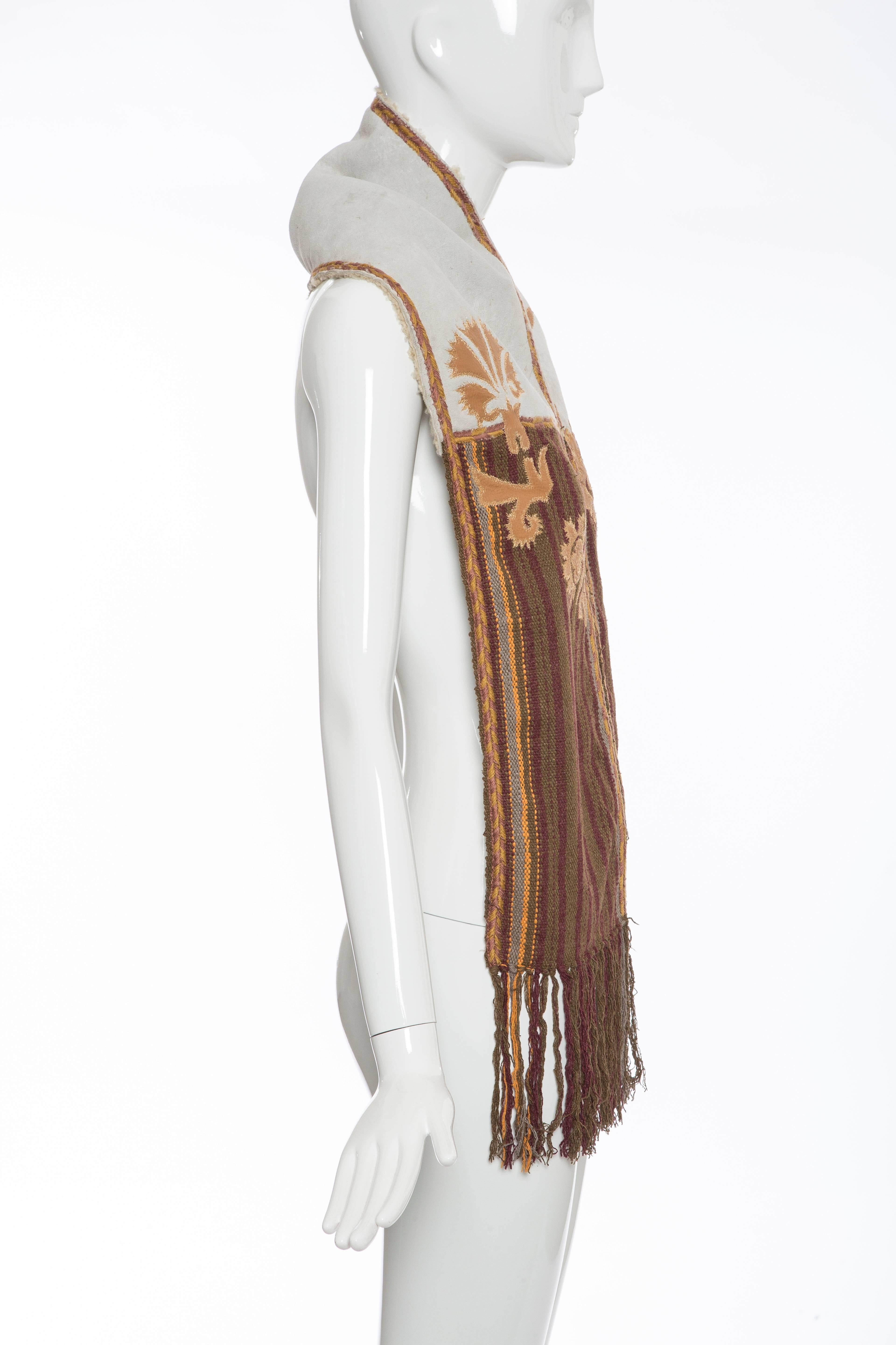 Dries van Noten Runway Shearling Trim Embroidered Scarf , Fall 2002 In Good Condition For Sale In Cincinnati, OH