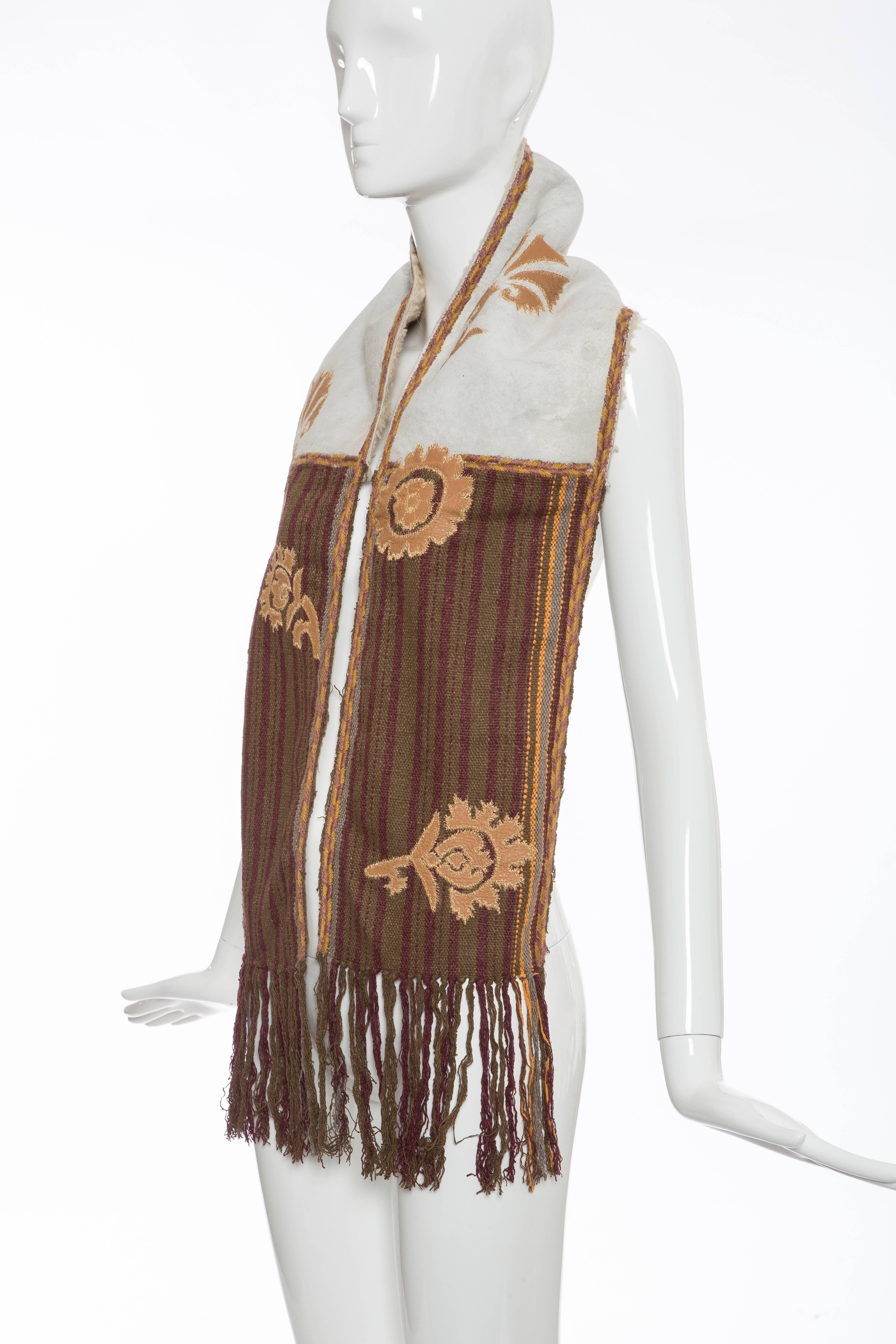 Women's Dries van Noten Runway Shearling Trim Embroidered Scarf , Fall 2002 For Sale