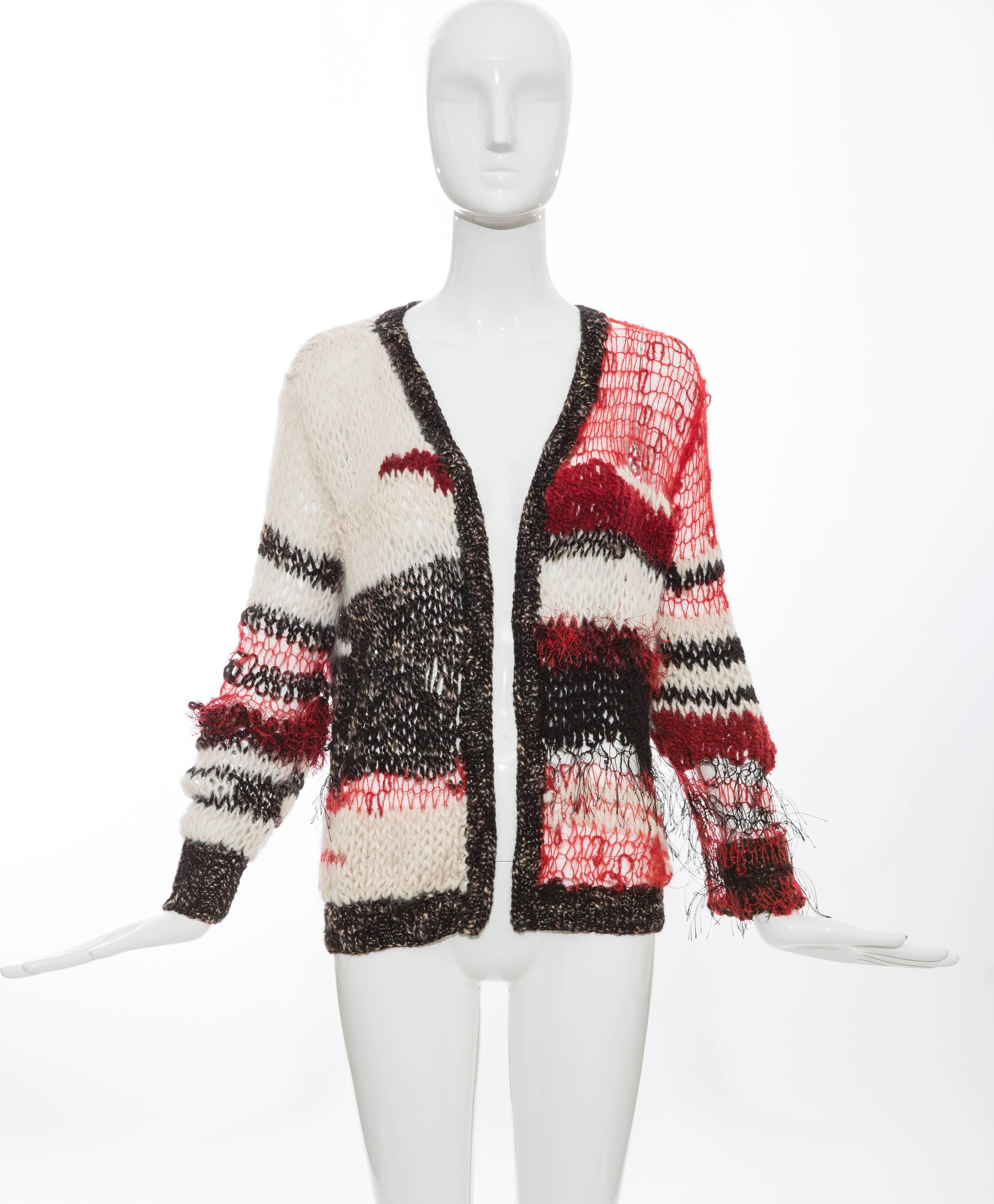 Rodarte, Autumn-Winter 2008, open knit mohair cardigan with metallic stitching, fringe trim, long sleeves with ribbed trim and open front.

Retail: $2300

Medium
Bust 38”, Waist 37”, Length 25”
