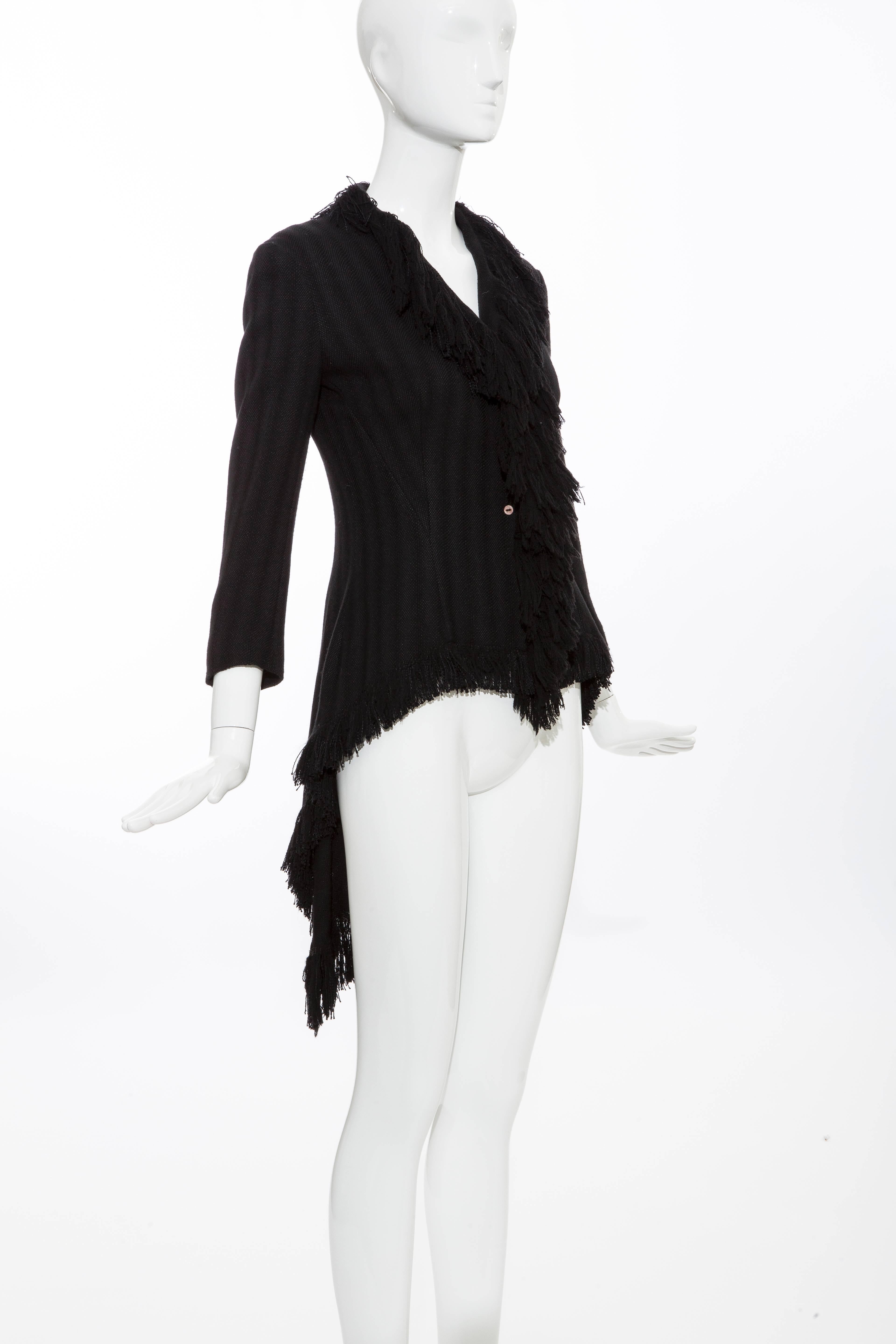 Women's Yohji Yamamoto Black Silk Wool Tweed Cutaway Jacket With Fringe Trim, Fall 2013 For Sale
