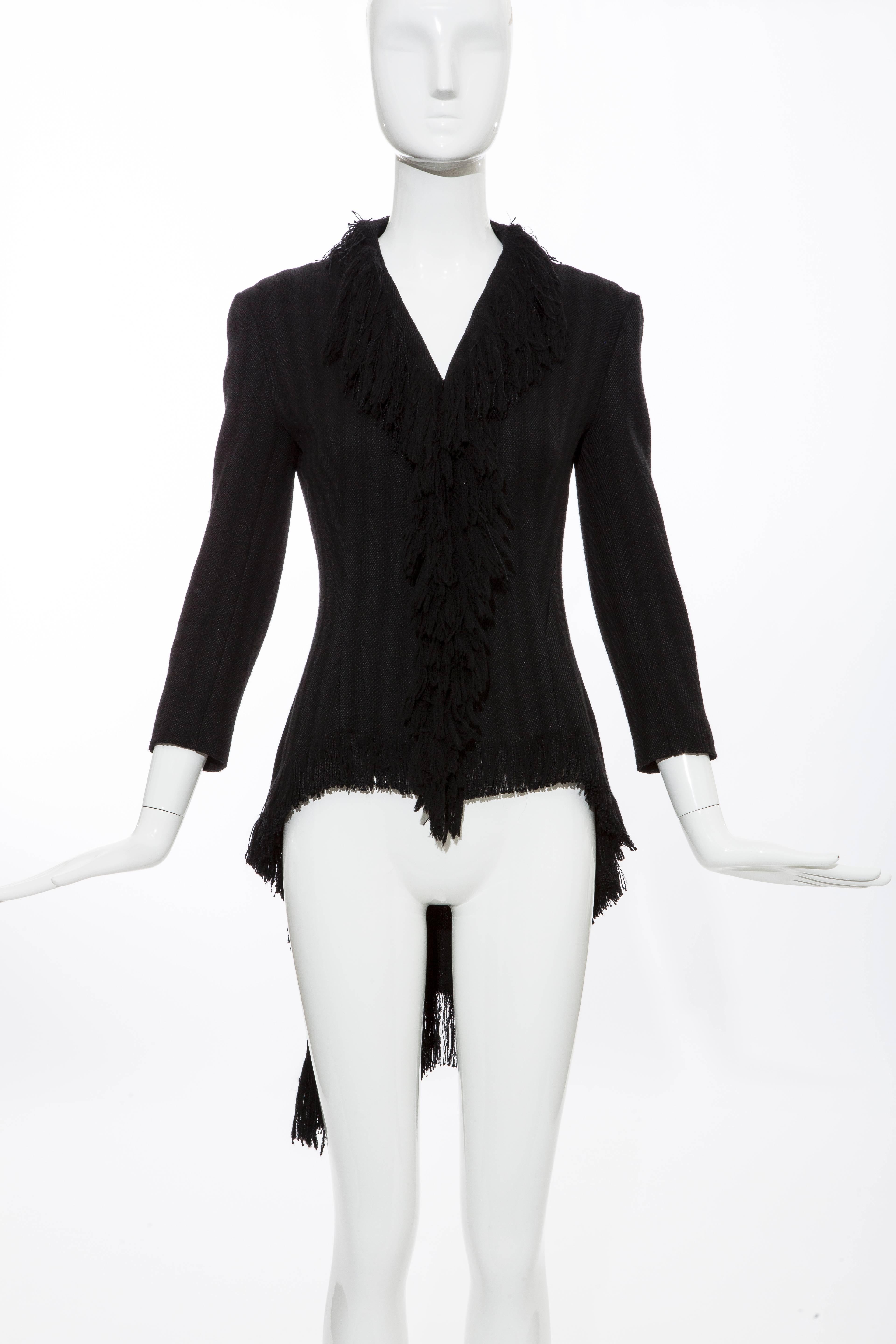 Yohji Yamamoto Black Silk Wool Tweed Cutaway Jacket With Fringe Trim, Fall 2013 In Excellent Condition For Sale In Cincinnati, OH