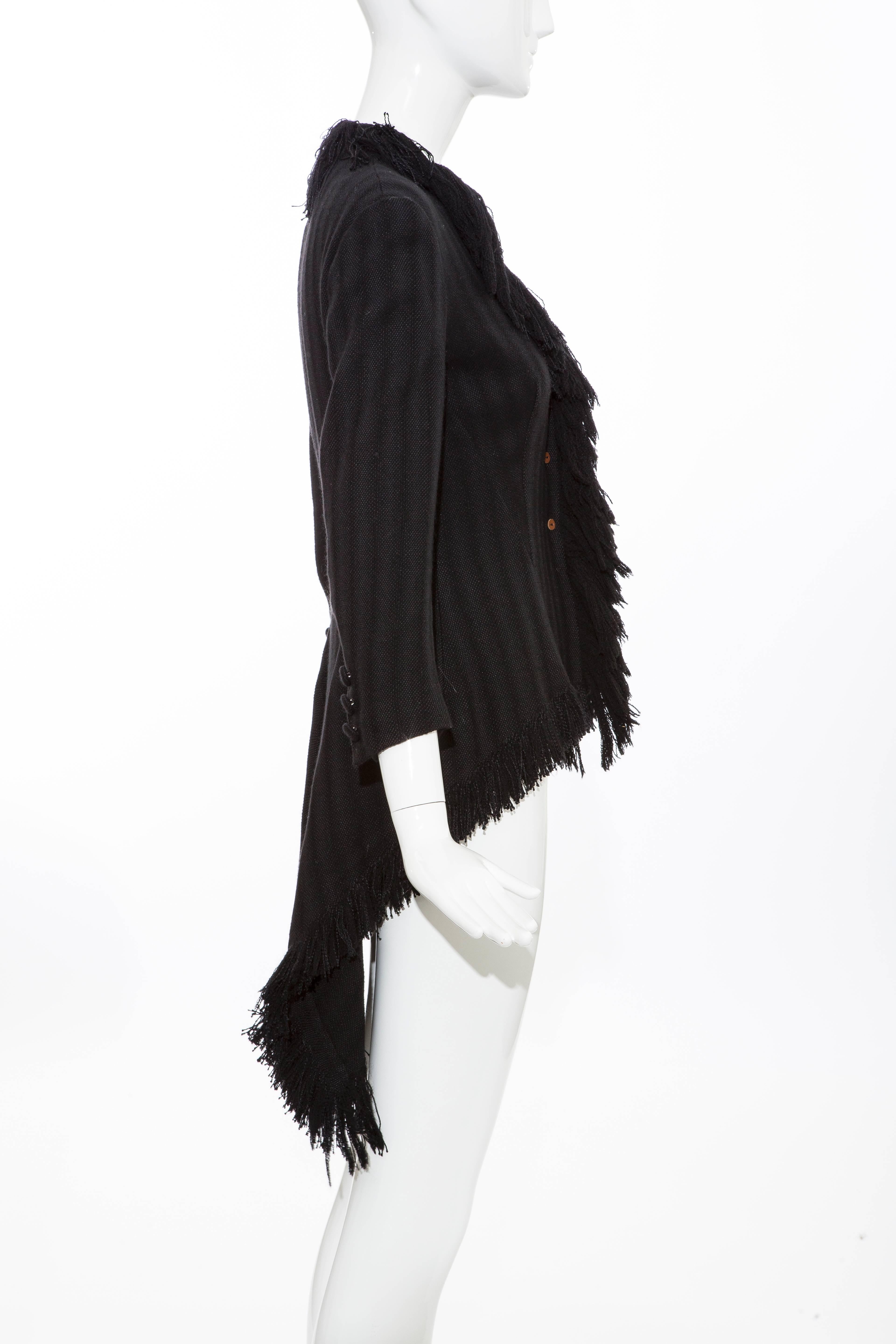 Yohji Yamamoto Black Silk Wool Tweed Cutaway Jacket With Fringe Trim, Fall 2013 For Sale 1