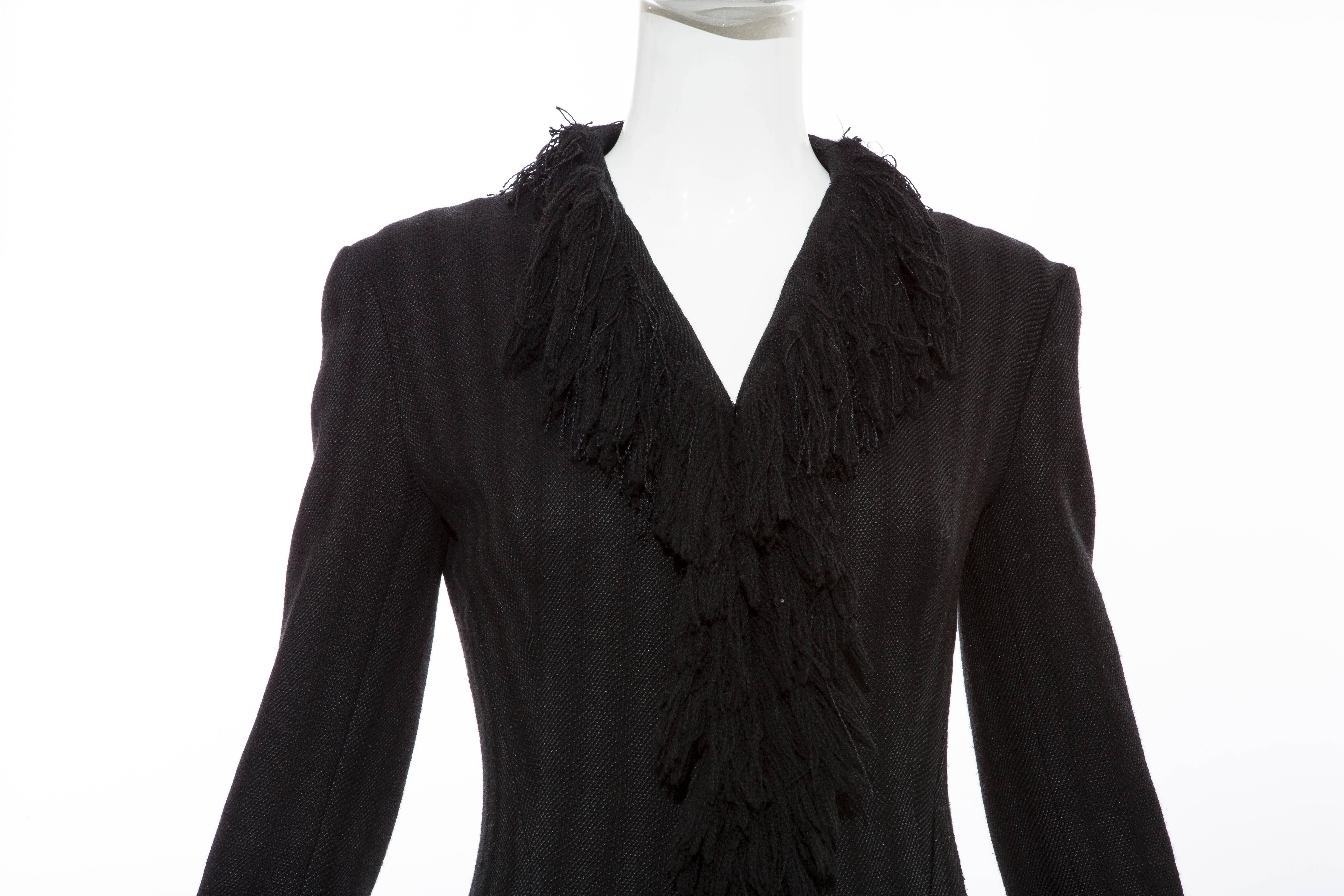 Yohji Yamamoto Black Silk Wool Tweed Cutaway Jacket With Fringe Trim, Fall 2013 For Sale 3