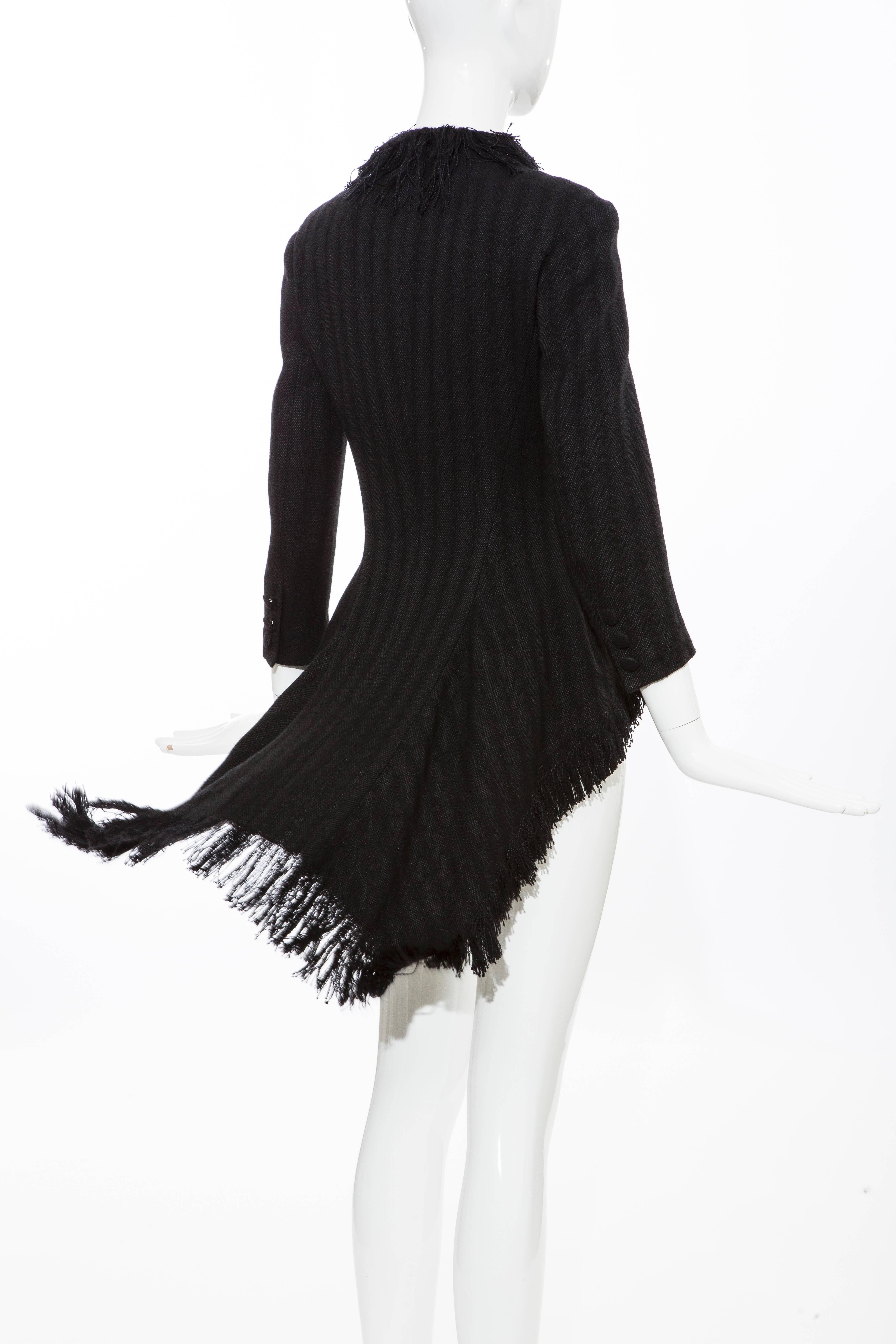 Yohji Yamamoto Black Silk Wool Tweed Cutaway Jacket With Fringe Trim, Fall 2013 For Sale 4