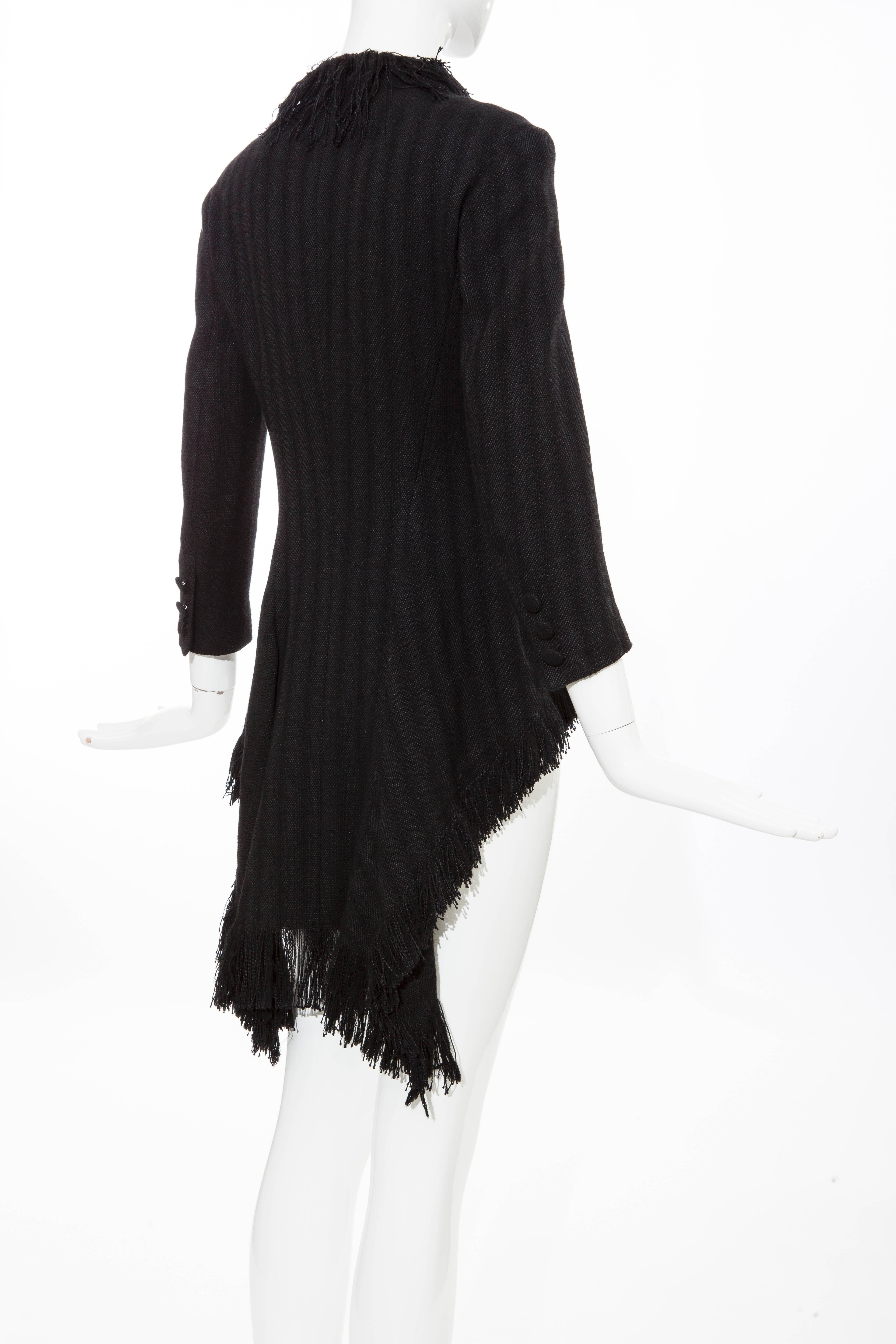 Yohji Yamamoto Black Silk Wool Tweed Cutaway Jacket With Fringe Trim, Fall 2013 For Sale 5