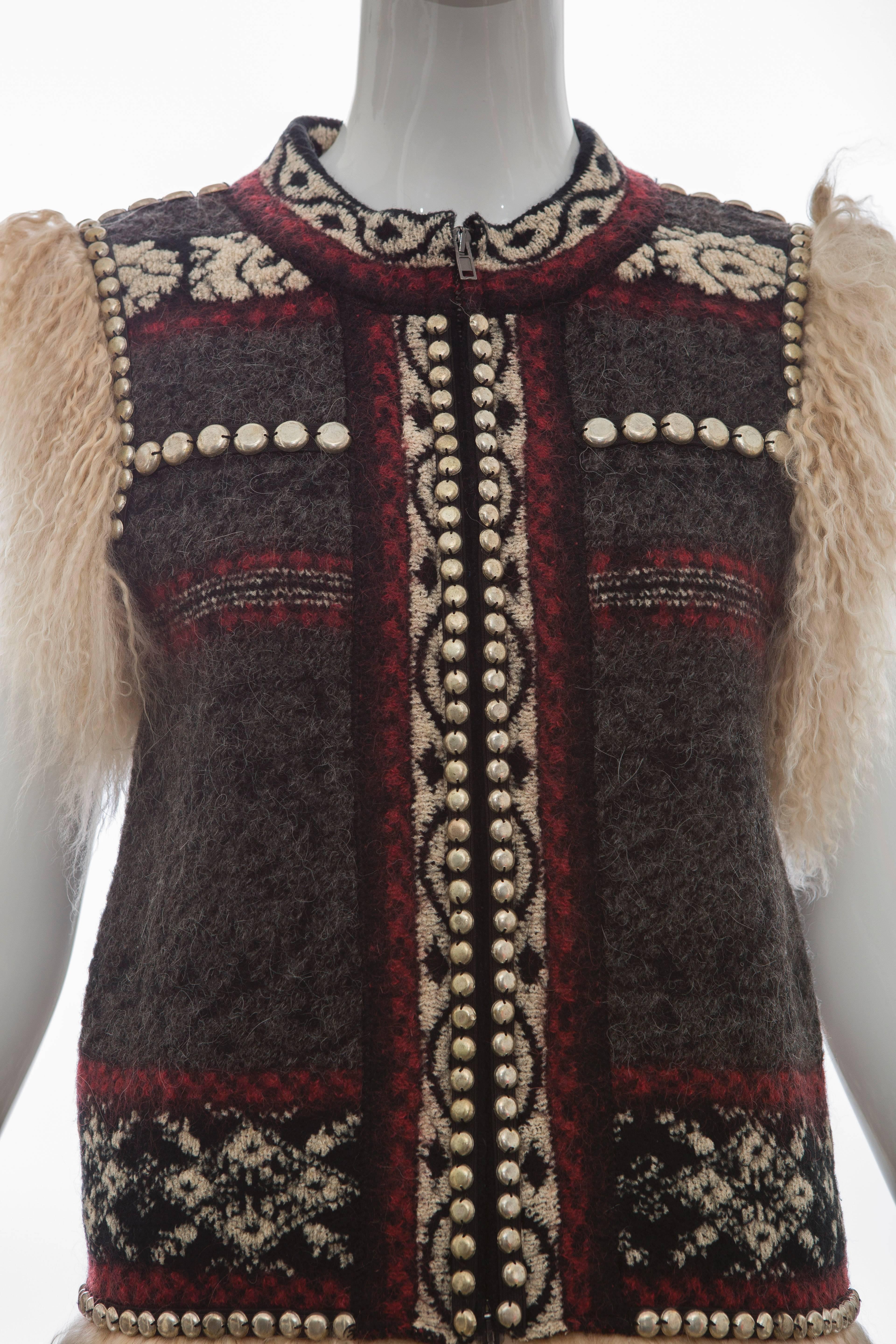 Black Jean Paul Gaultier Wool Vest With Mongolian Fur Trim, Fall 2010 For Sale