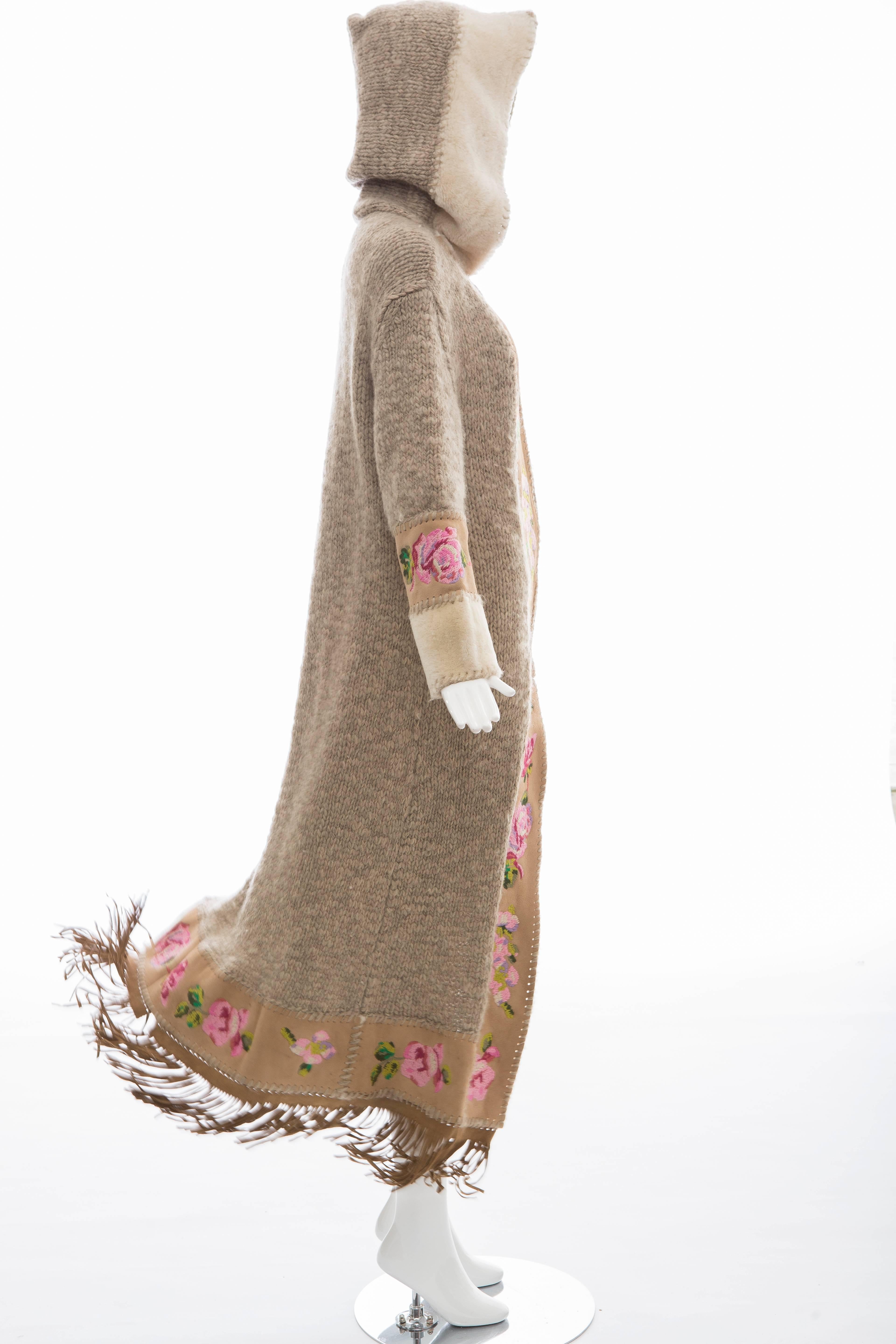Brown John Galliano For Christian Dior Shearling Duster With Embroidered Suede Trim