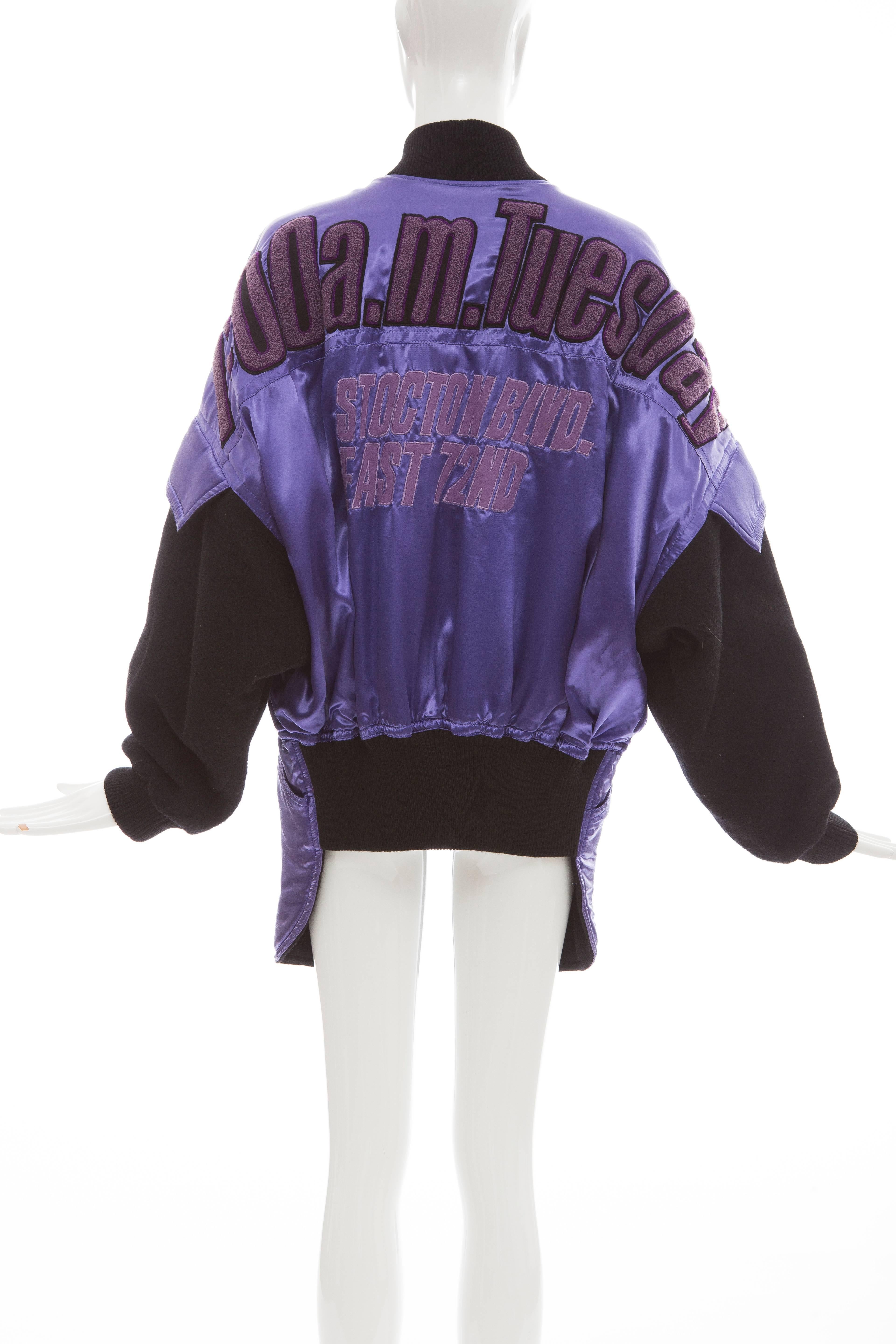 Kansai Yamamoto Purple Satin Jacket With Appliquéd Patches, Circa 1980's In Excellent Condition For Sale In Cincinnati, OH