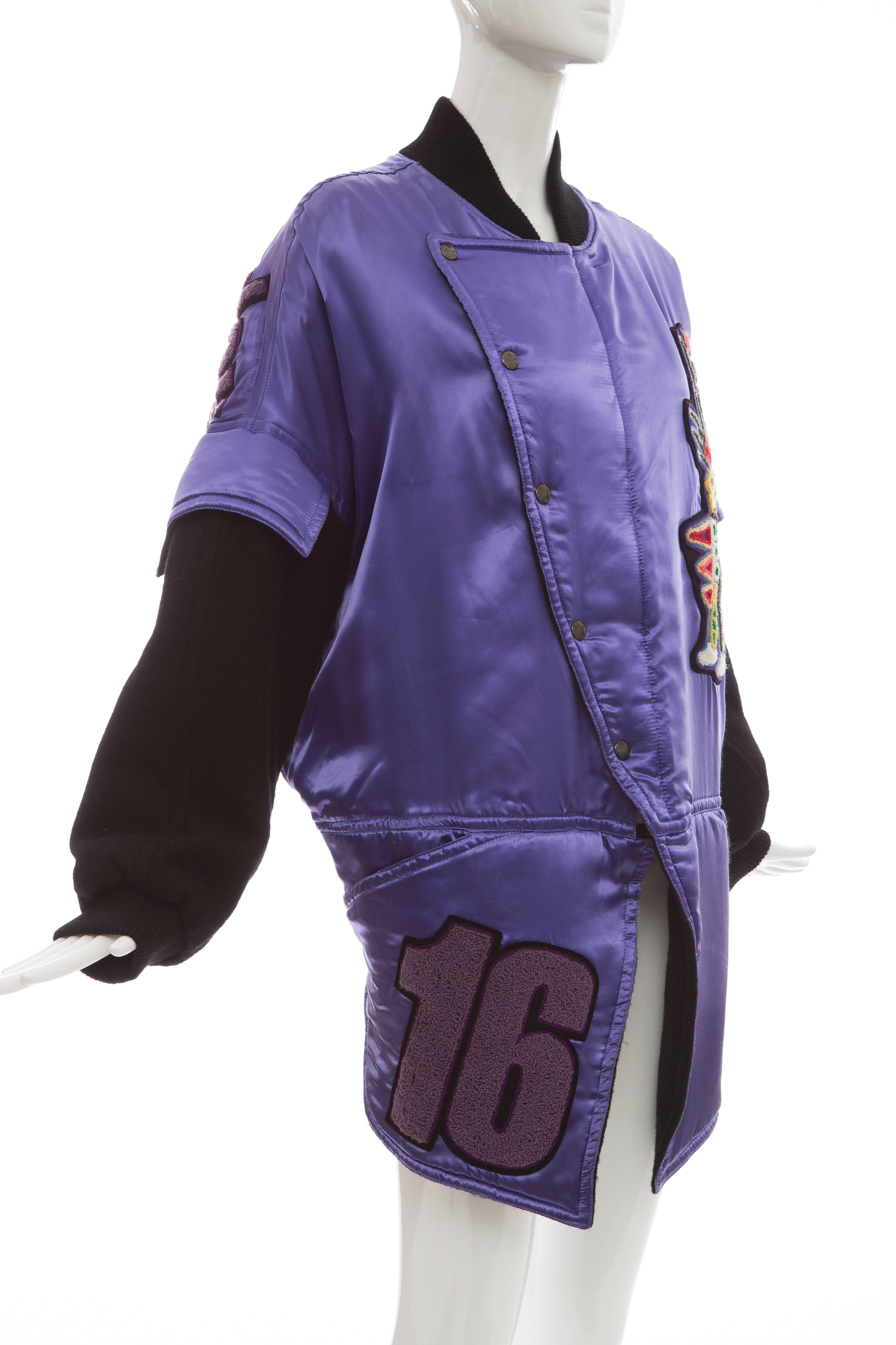 Women's Kansai Yamamoto Purple Satin Jacket With Appliquéd Patches, Circa 1980's For Sale
