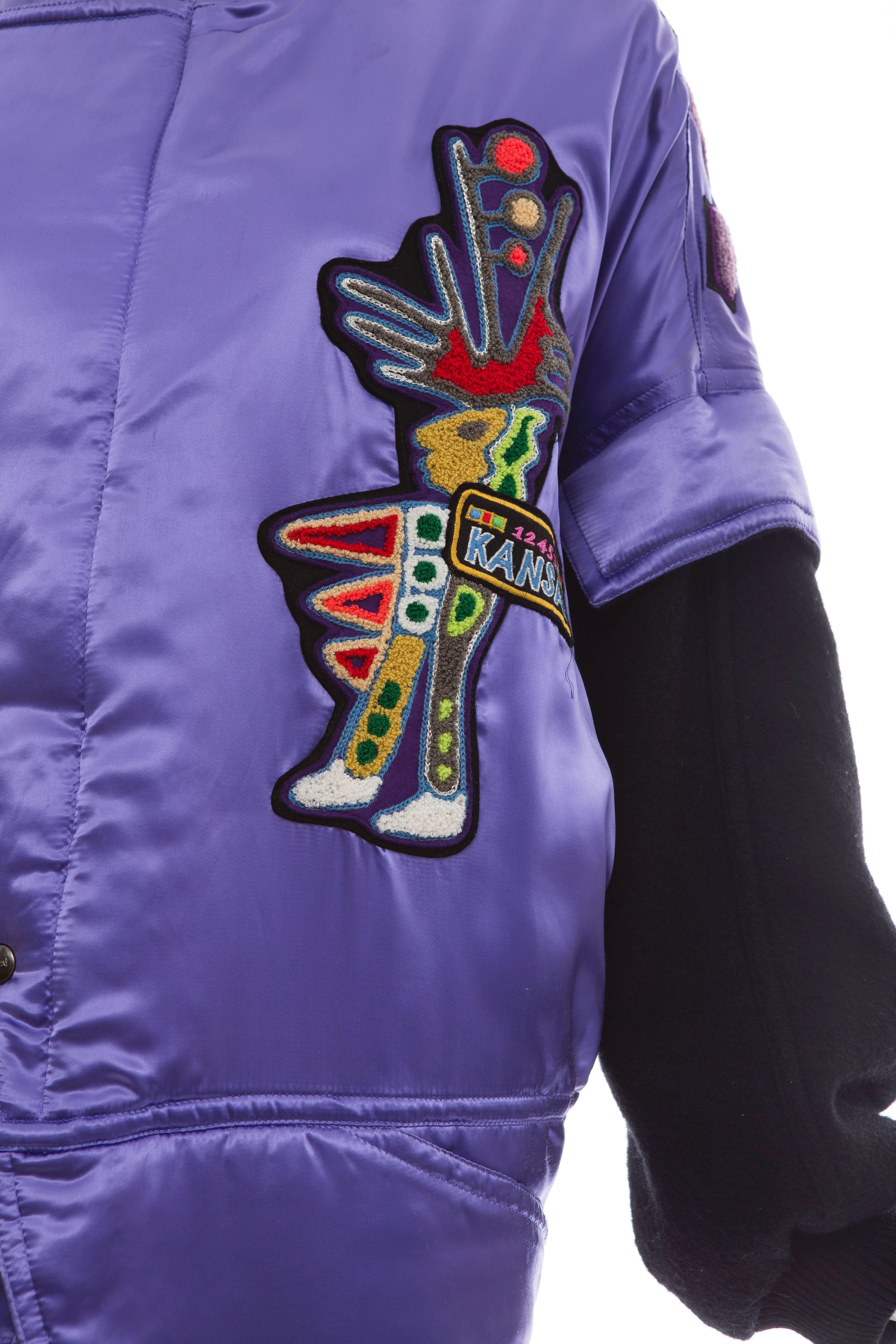 Kansai Yamamoto Purple Satin Jacket With Appliquéd Patches, Circa 1980's For Sale 1