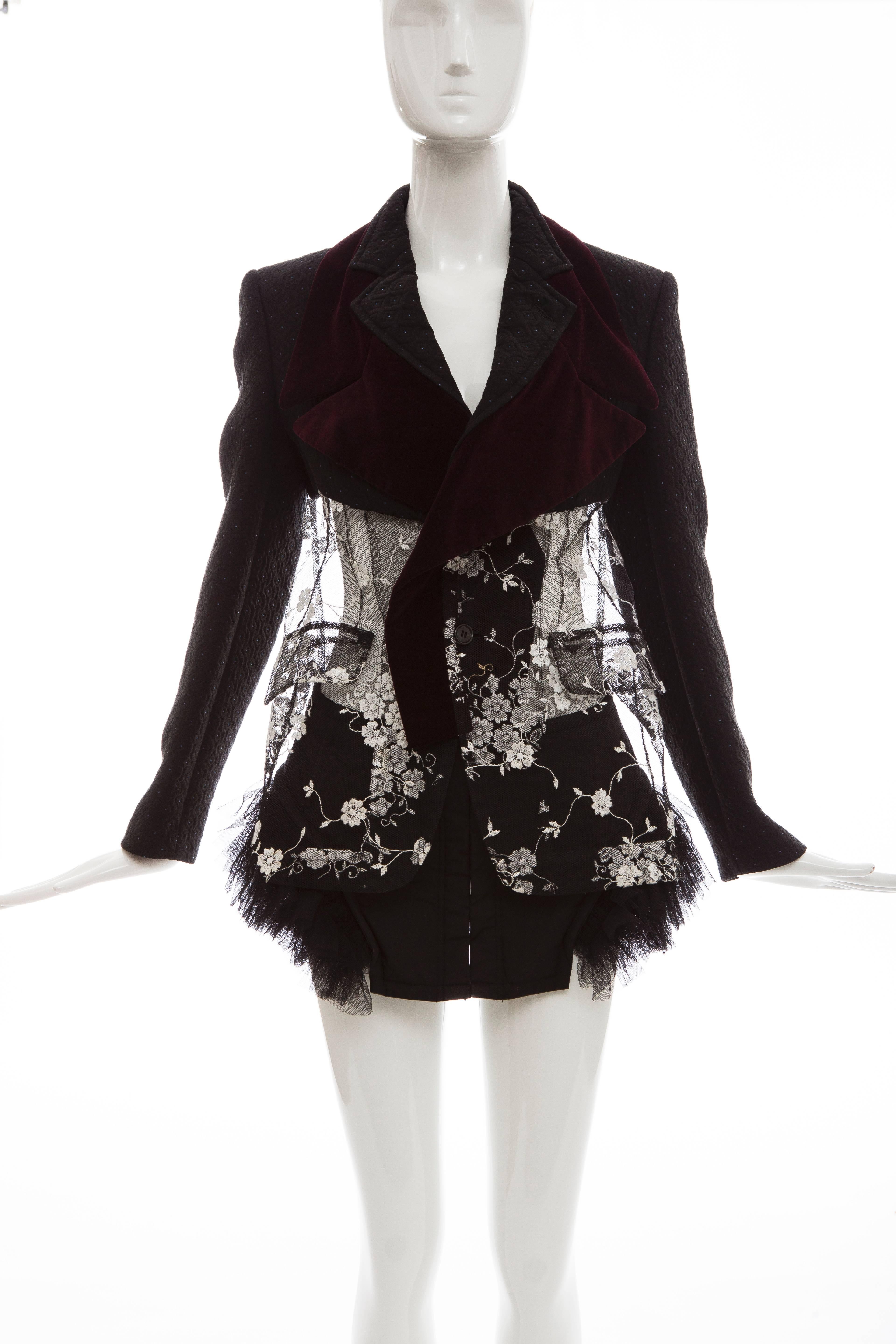 Comme des Garçons, Autumn-Winter 2001,quilted blazer with velvet lapels, embroidered sheer lace bodice, ruffled asymmetrical tulle hem and hook-and-eye button closures at center front. 

Size not listed, estimated from