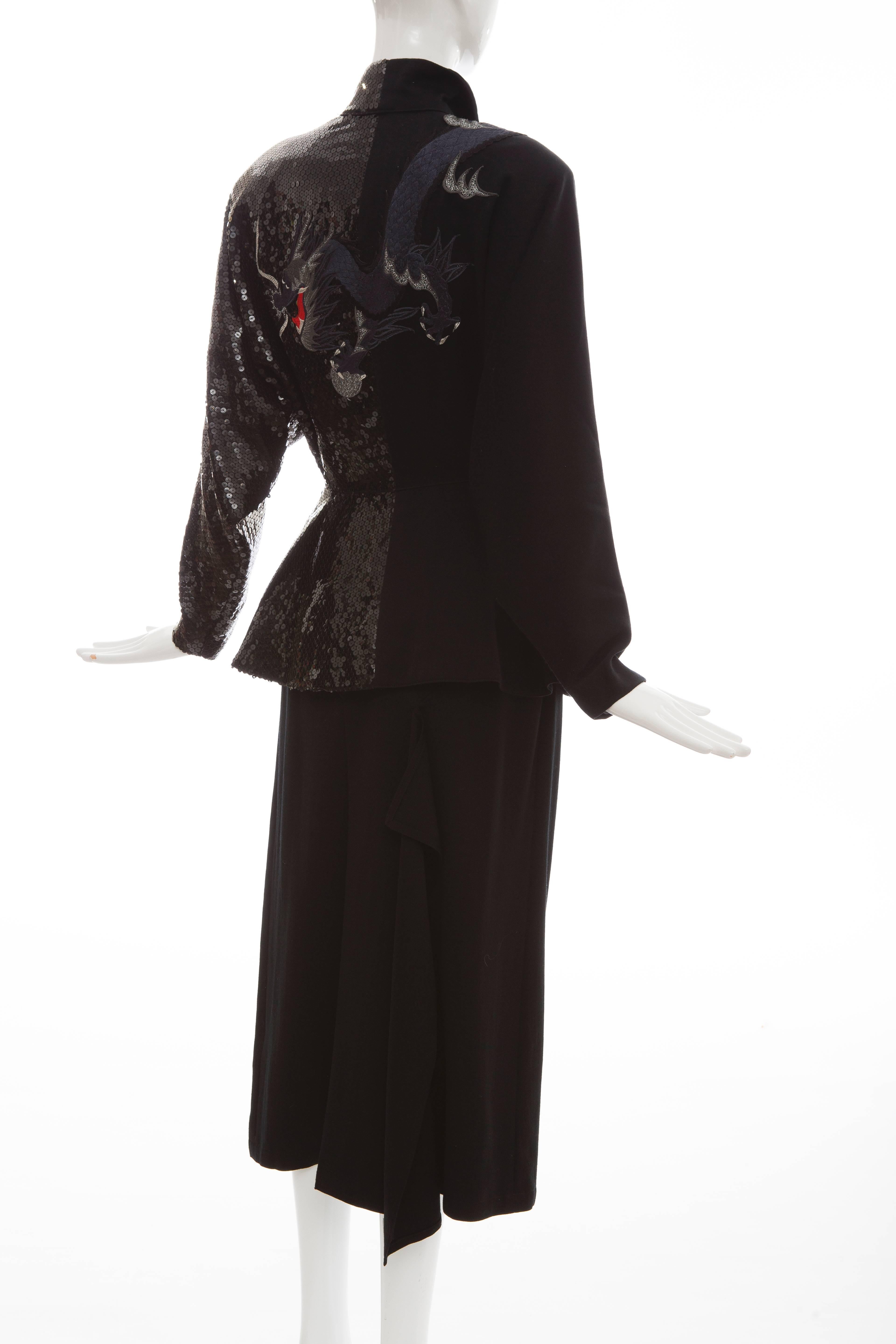 Women's Kansai Yamamoto Black Embroidered Dragon & Sequins Skirt Suit, Circa 1980's