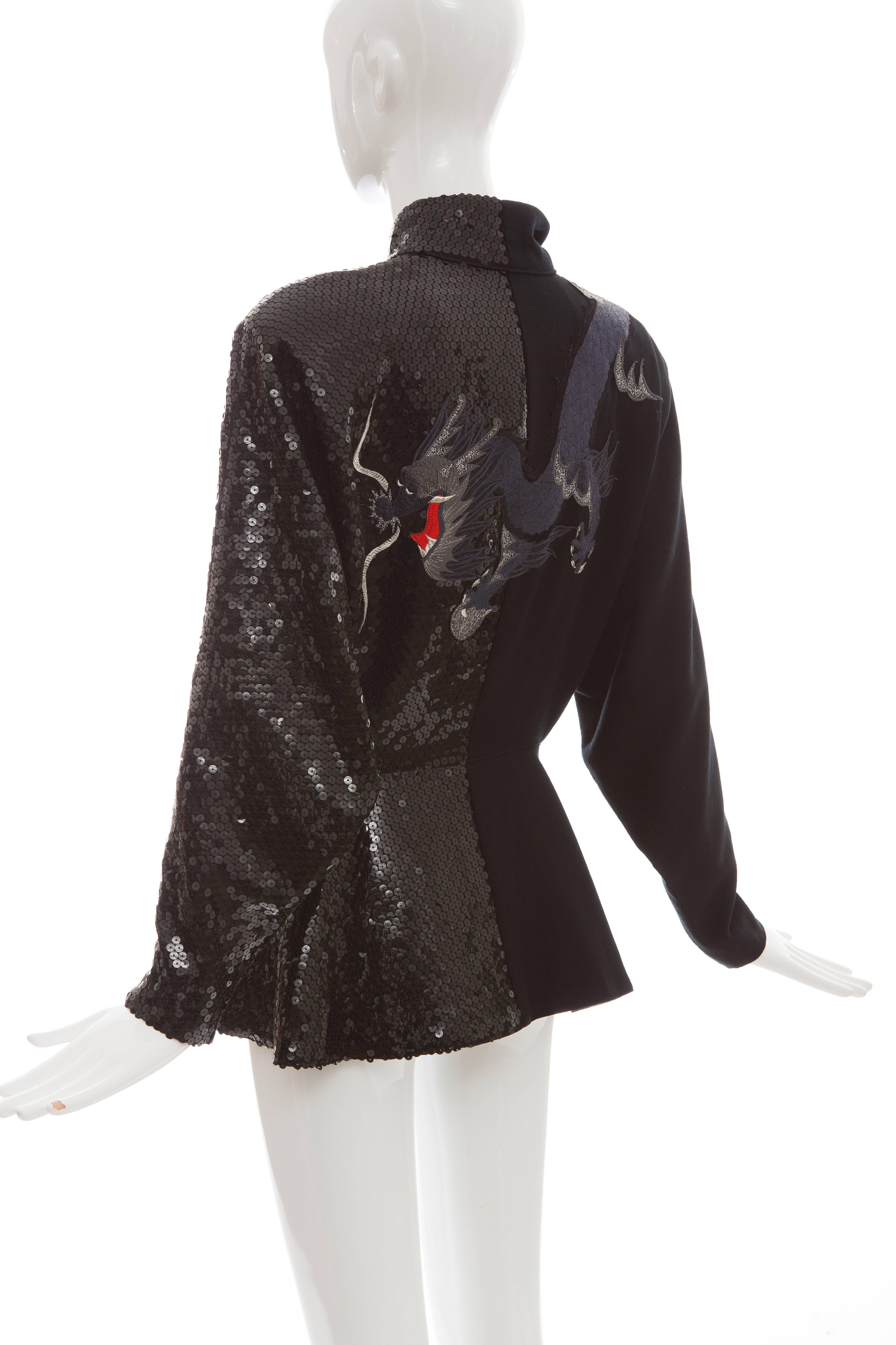 Kansai Yamamoto Black Embroidered Dragon & Sequins Skirt Suit, Circa 1980's 3