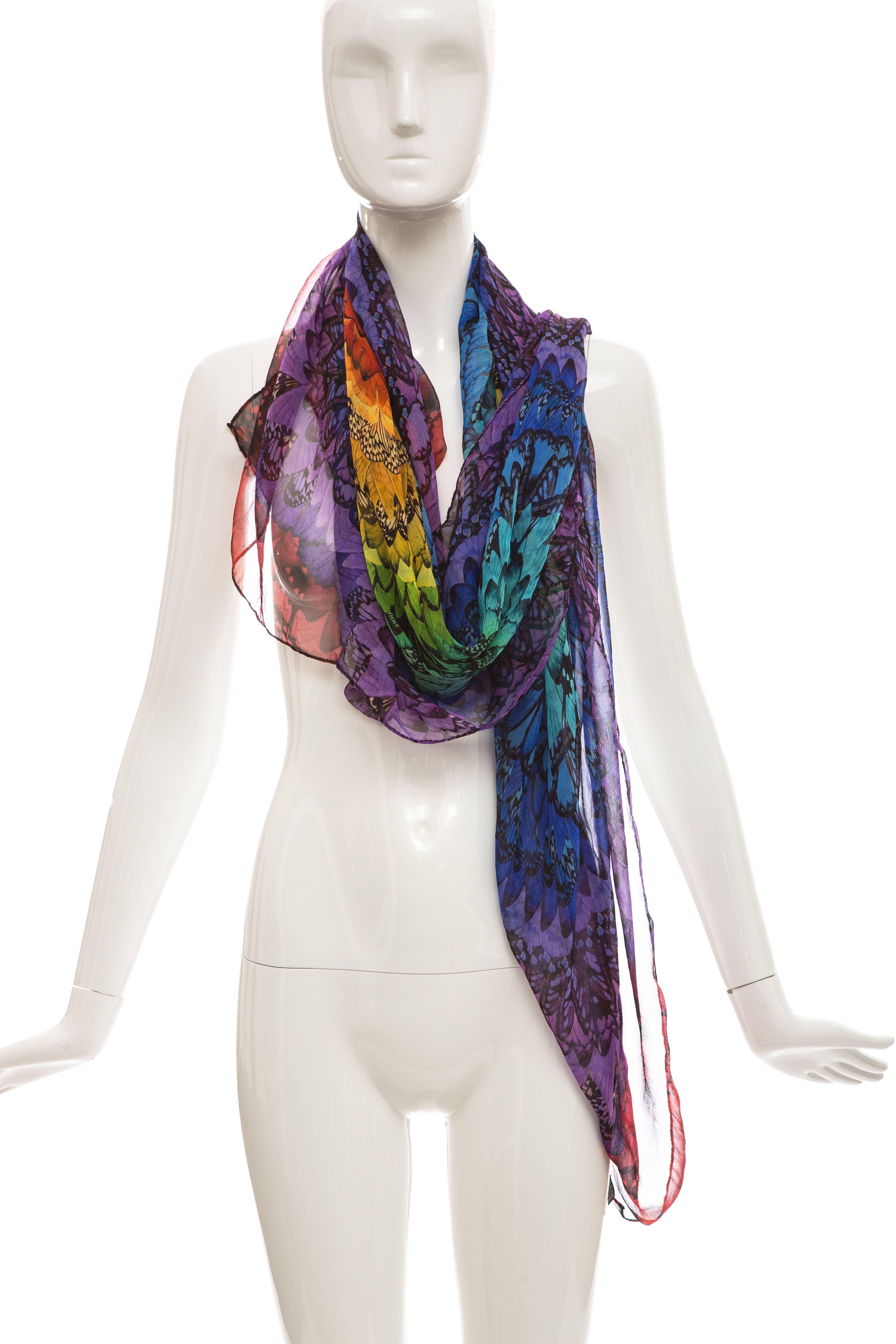 Alexander McQueen, Spring-Summer 2008, silk chiffon scarf with floral butterfly pattern throughout, tonal stitching and rolled edges.

Length 56”, Width 54”